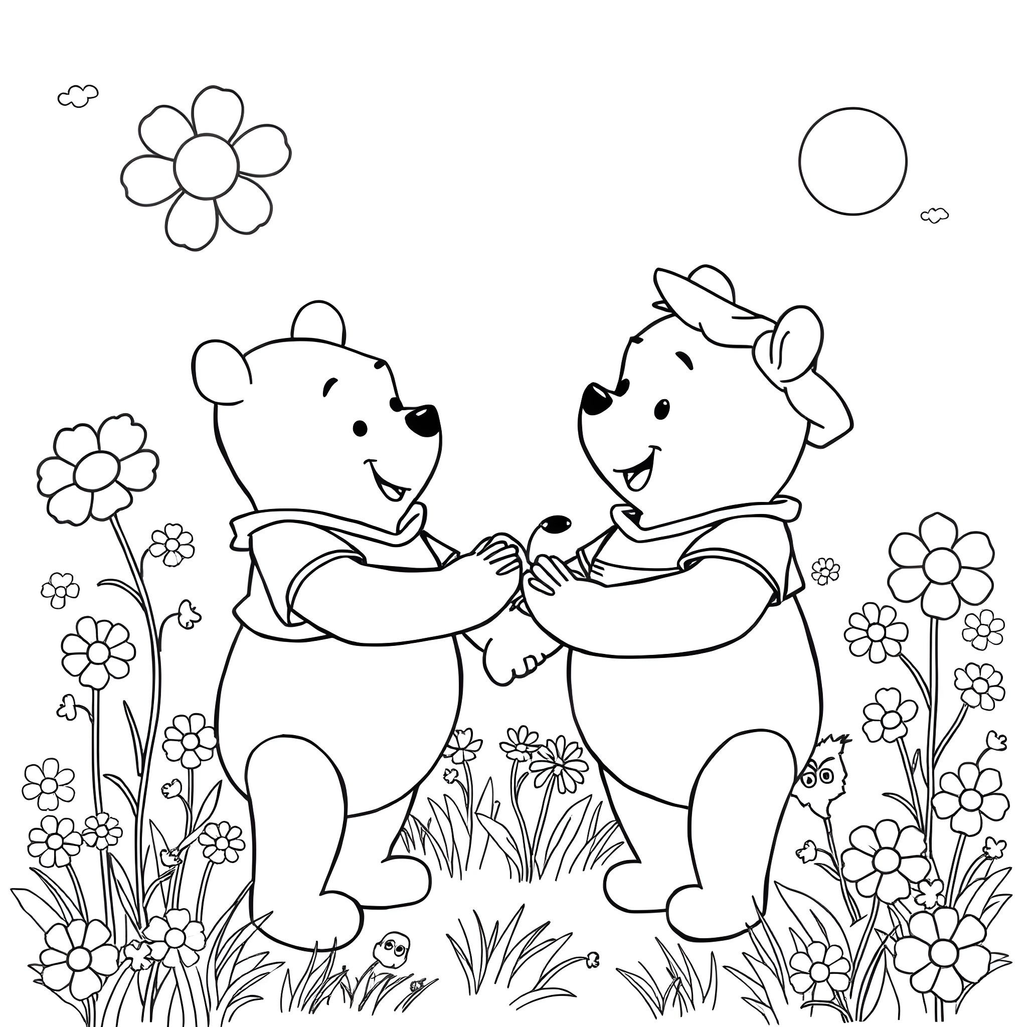 Winnie The Pooh and friends enjoying a flower-filled day Coloring Page (free black-and-white line drawing printable PDF for all, from beginners to advanced learners, including children, teens, adults, and seniors)