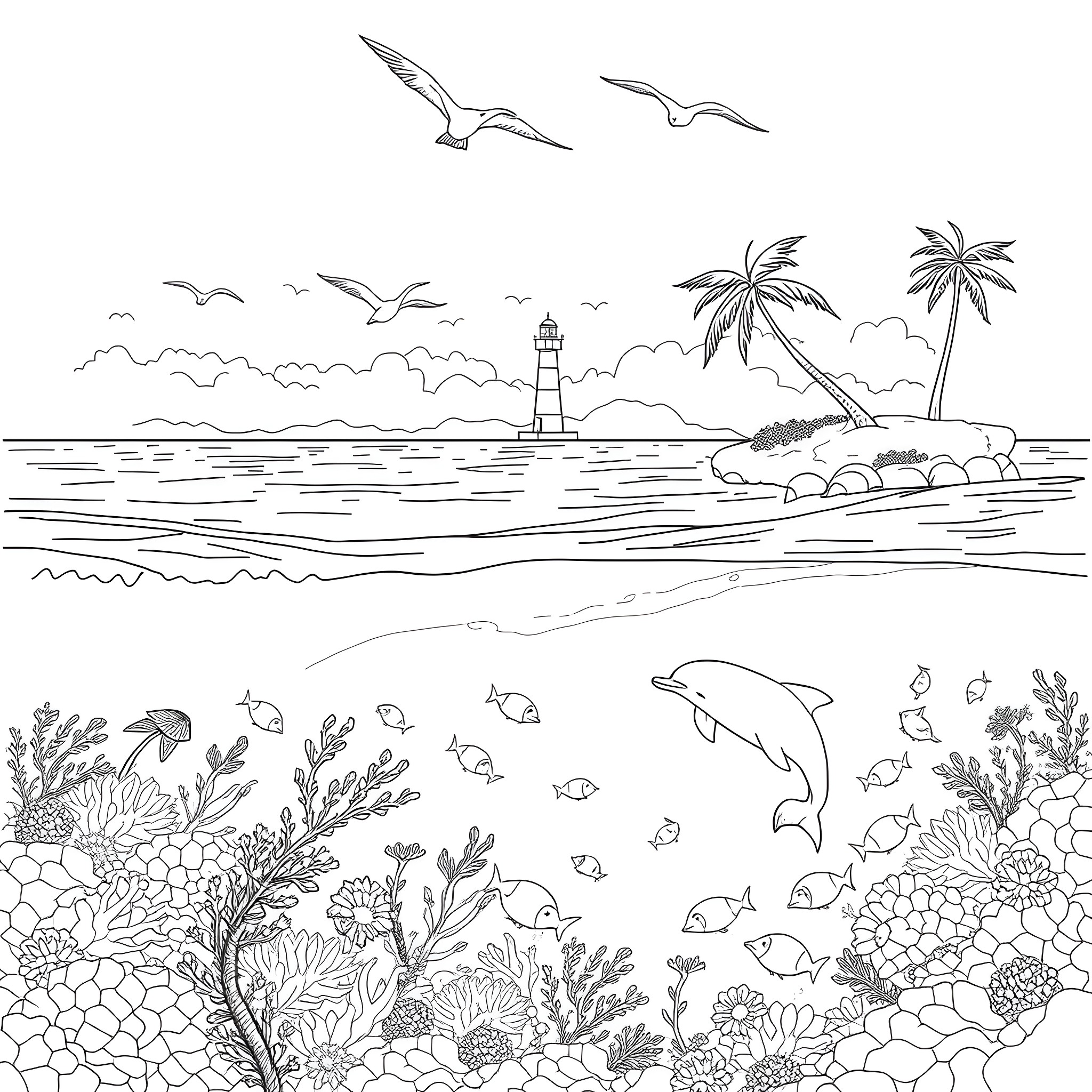 Ocean tranquil scene with lighthouse, palm trees, and marine life Coloring Page (free black-and-white line drawing printable PDF for all, from beginners to advanced learners, including children, teens, adults, and seniors)
