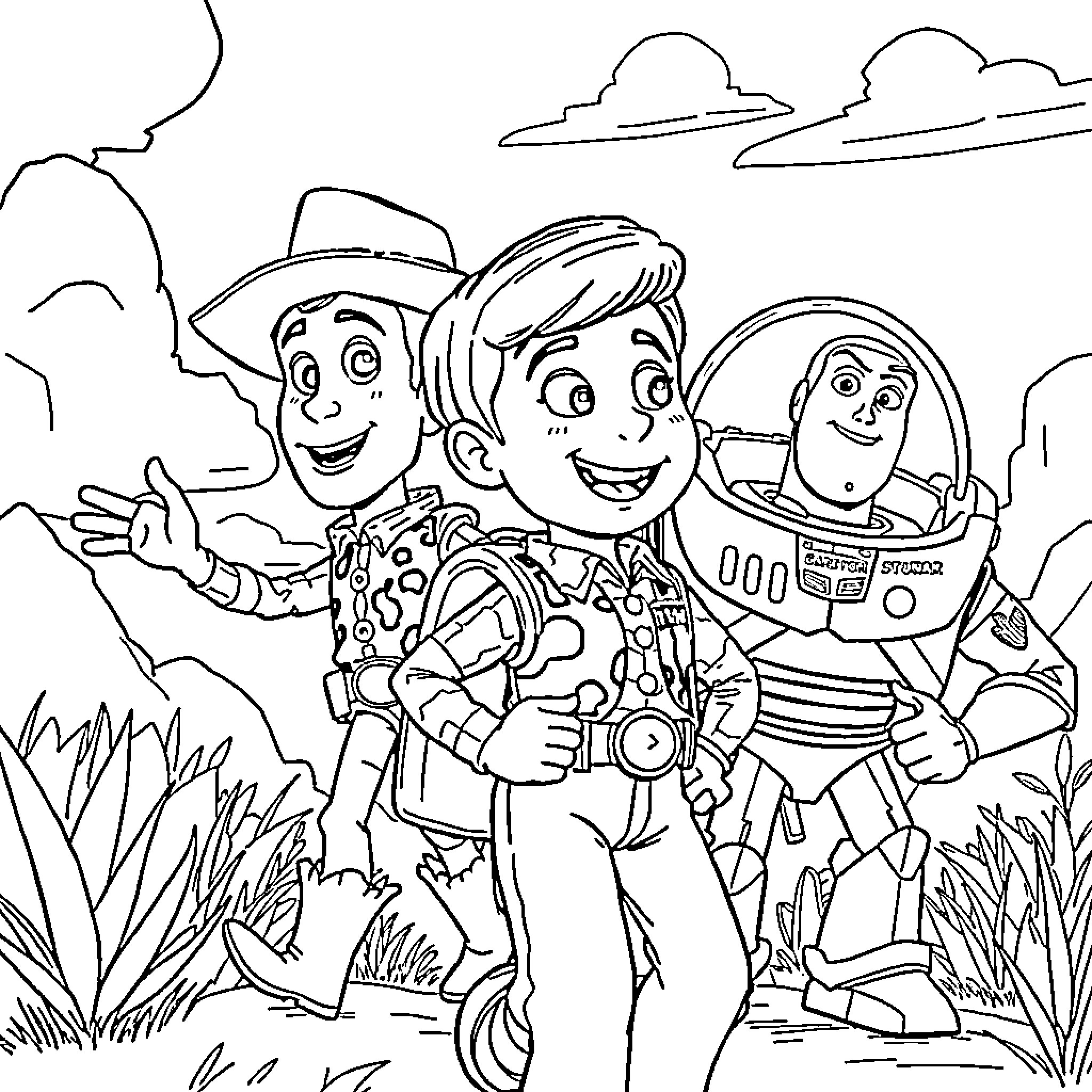 Boy characters in an adventure scene Coloring Page (free black-and-white line drawing printable PDF for all, from beginners to advanced learners, including children, teens, adults, and seniors)