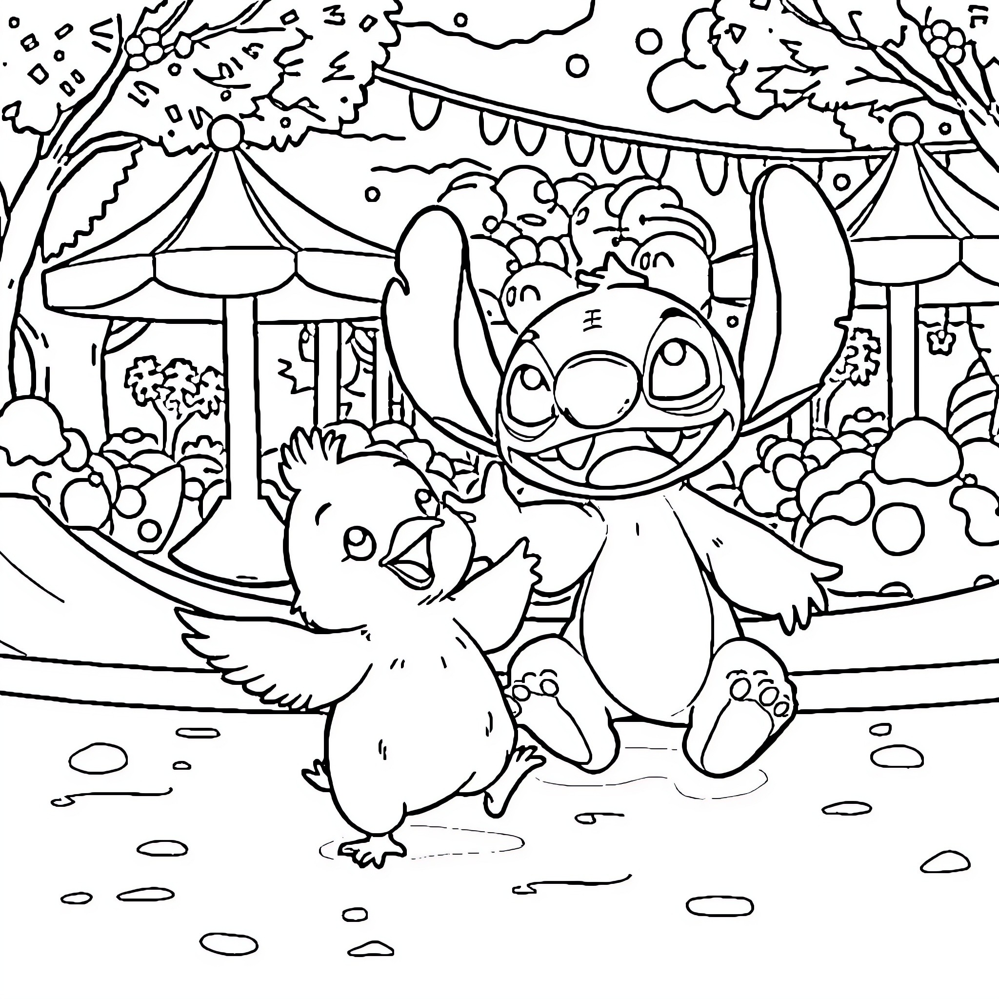 Piolin's Playful Day at the Carnival Coloring Page (free black-and-white line drawing printable PDF for all, from beginners to advanced learners, including children, teens, adults, and seniors)