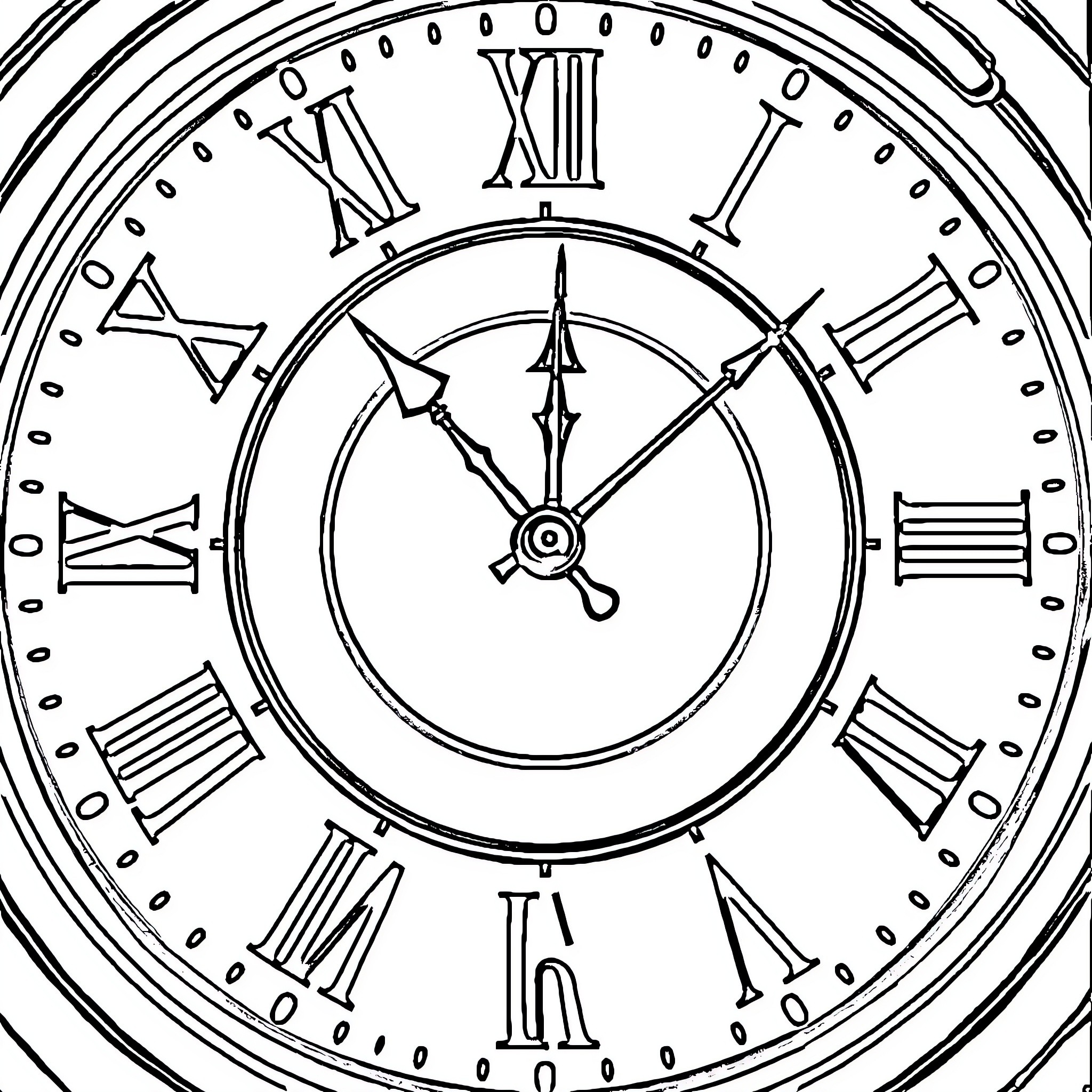 Hand-drawn vintage clock with Roman numerals Coloring Page (free black-and-white line drawing printable PDF for all, from beginners to advanced learners, including children, teens, adults, and seniors)