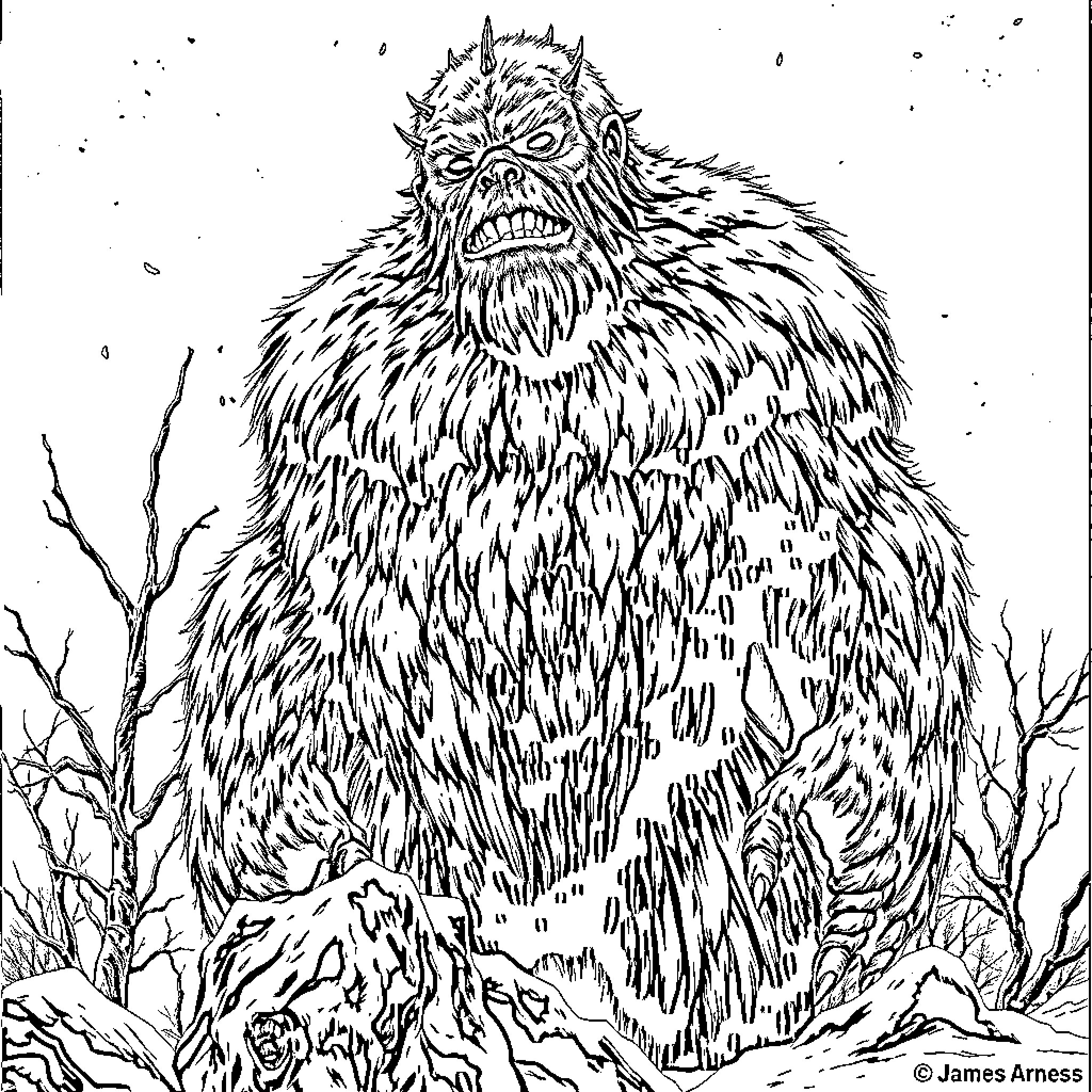 Thing roaring ferociously in the snowy forest Coloring Page (free black-and-white line drawing printable PDF for all, from beginners to advanced learners, including children, teens, adults, and seniors)