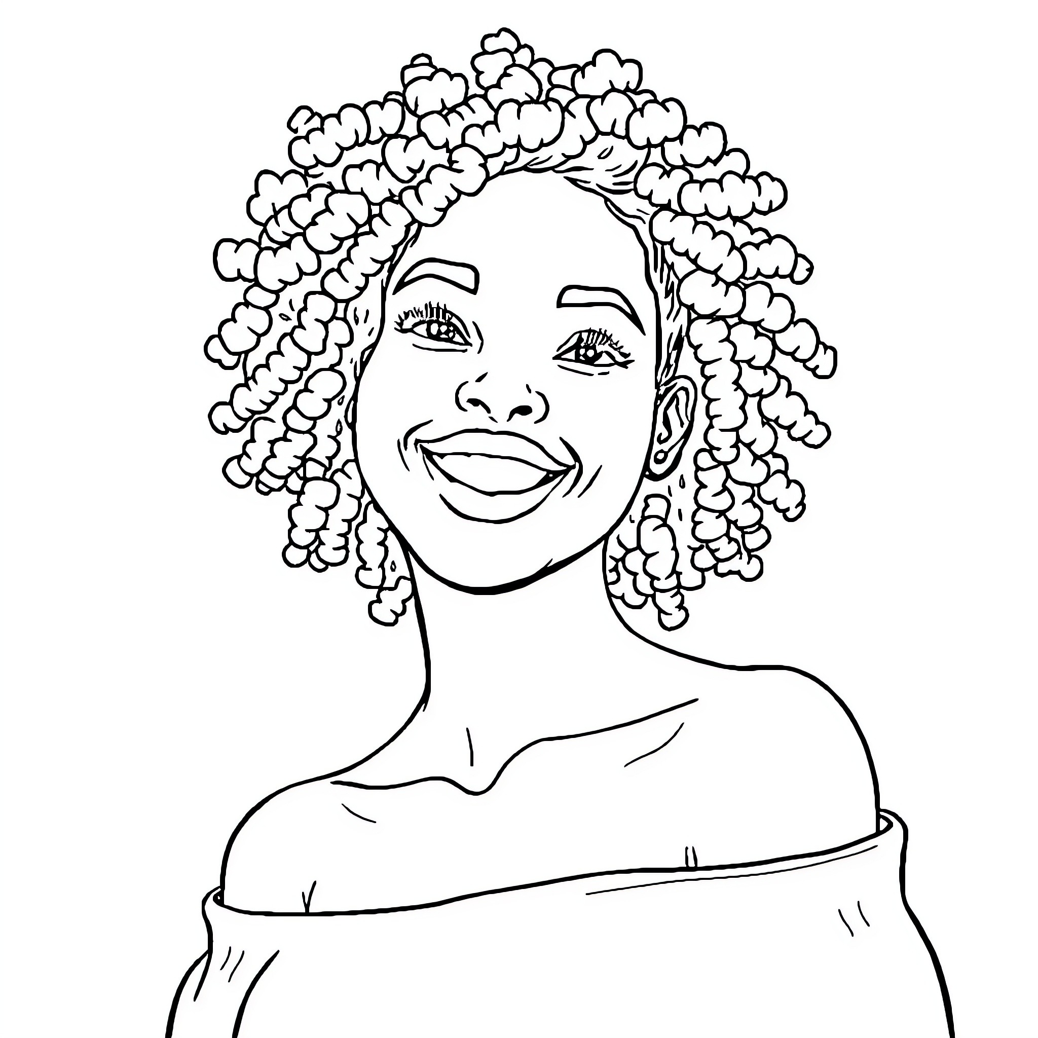 Woman with curly hairstyle smiling joyfully Coloring Page (free black-and-white line drawing printable PDF for all, from beginners to advanced learners, including children, teens, adults, and seniors)