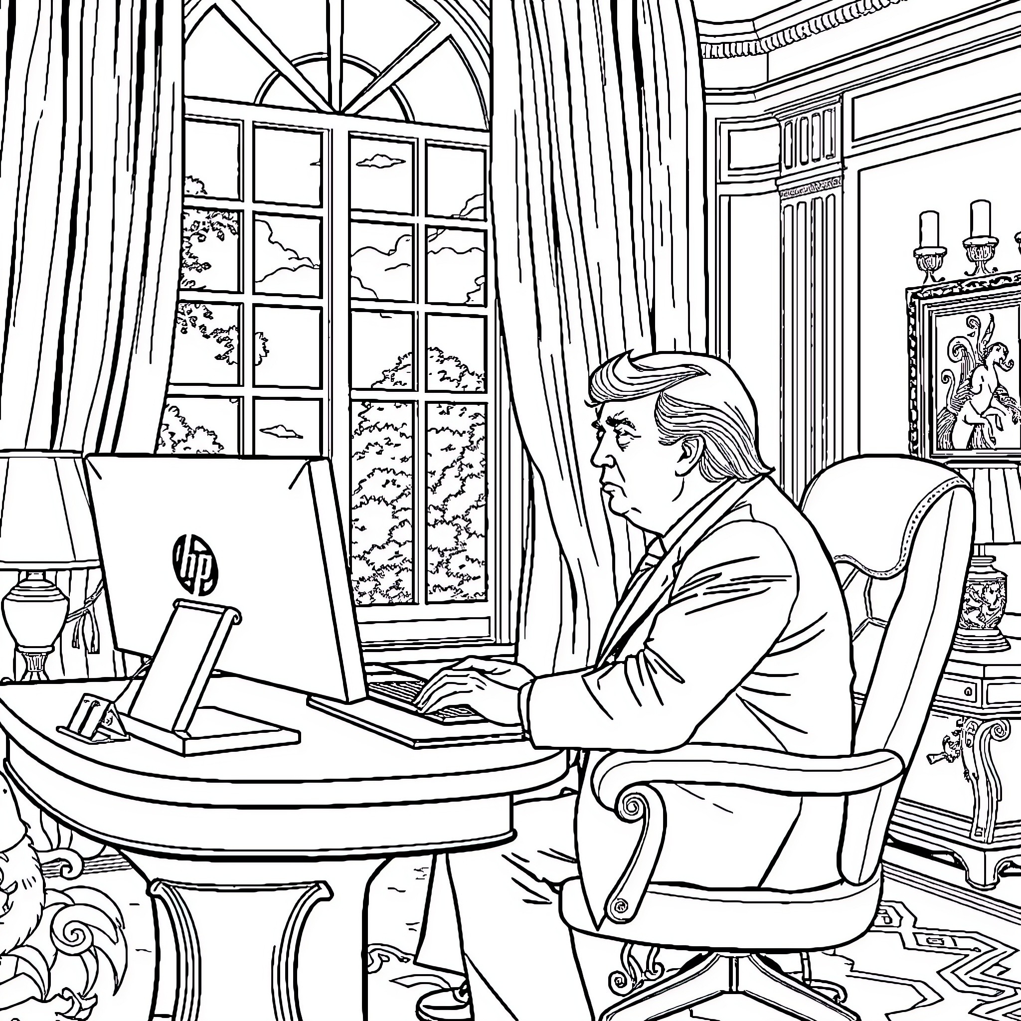 Trump working intently in the Oval Office Coloring Page (free black-and-white line drawing printable PDF for all, from beginners to advanced learners, including children, teens, adults, and seniors)