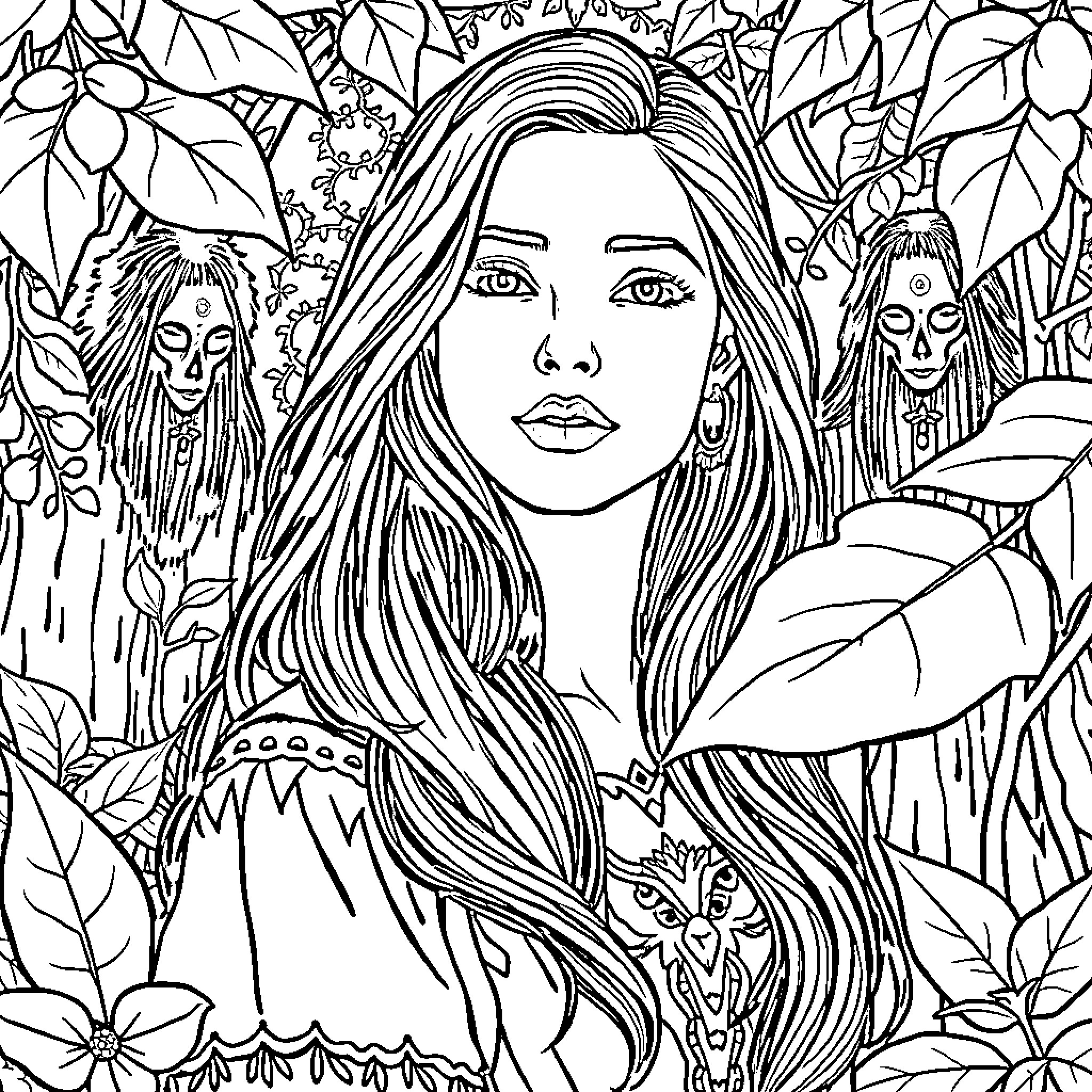 Woman in tropical forest surrounded by nature Coloring Page (free black-and-white line drawing printable PDF for all, from beginners to advanced learners, including children, teens, adults, and seniors)