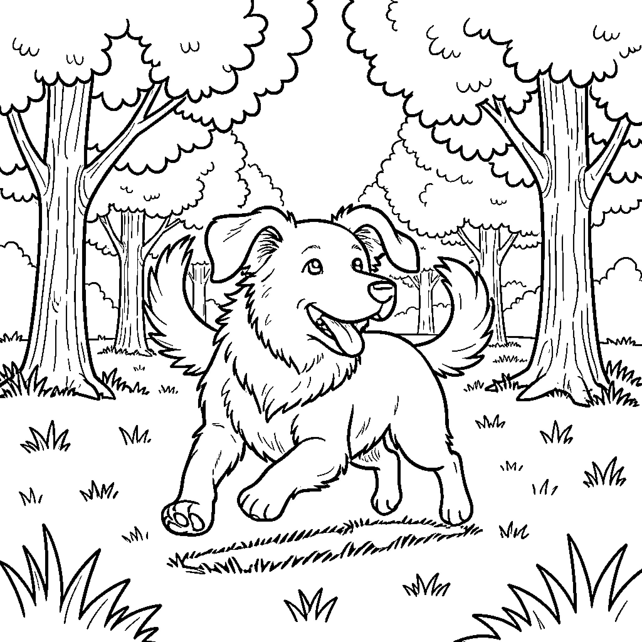 Dog running happily through a forest of trees Coloring Page (free black-and-white line drawing printable PDF for all, from beginners to advanced learners, including children, teens, adults, and seniors)
