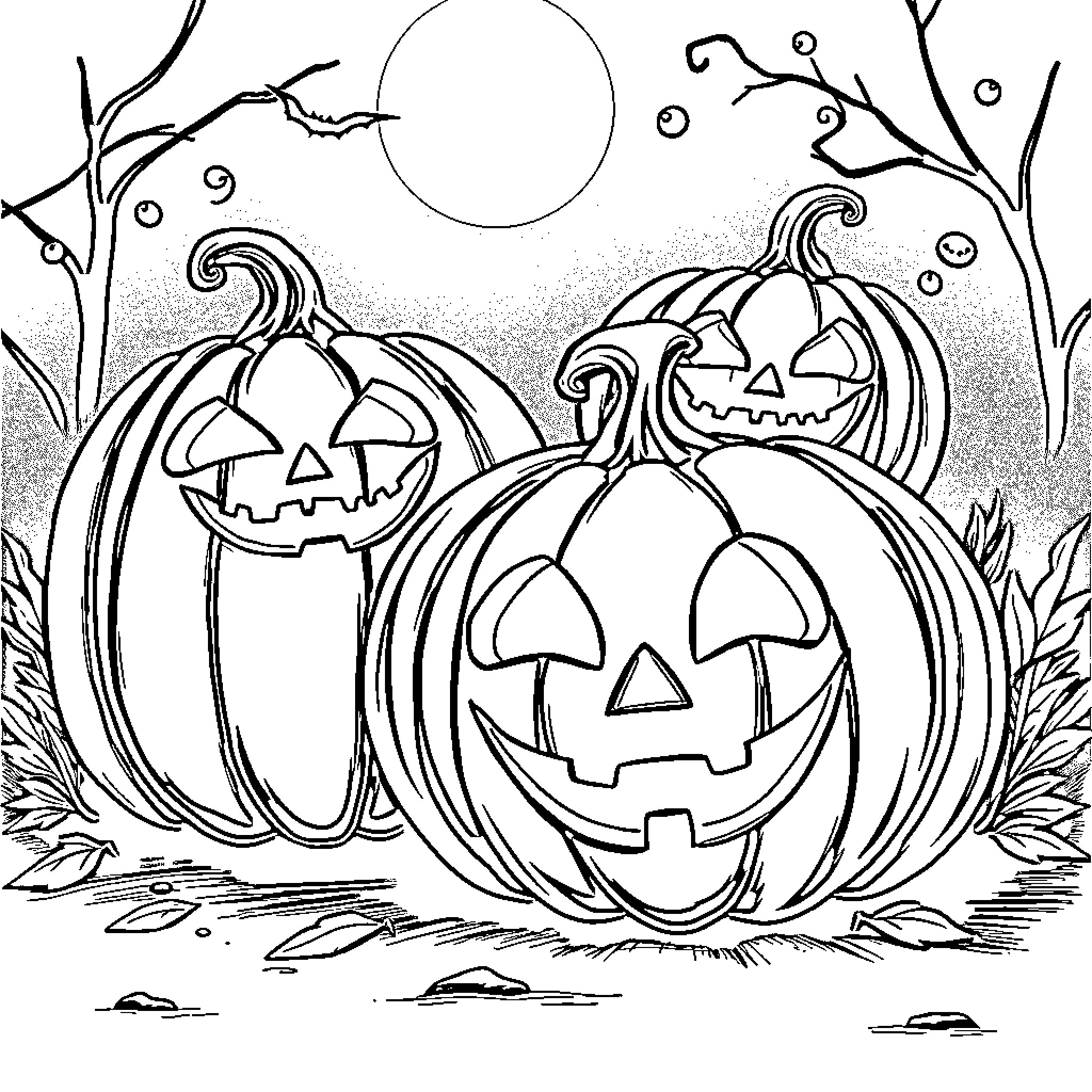Pumpkins with carved faces in a spooky night scene Coloring Page (free black-and-white line drawing printable PDF for all, from beginners to advanced learners, including children, teens, adults, and seniors)
