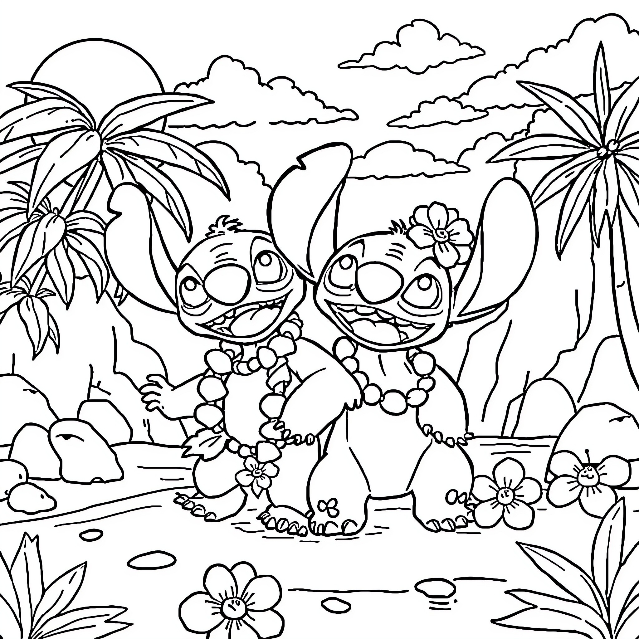 Lilo And Stitch Playing Happily in Tropical Paradise Coloring Page (free black-and-white line drawing printable PDF for all, from beginners to advanced learners, including children, teens, adults, and seniors)