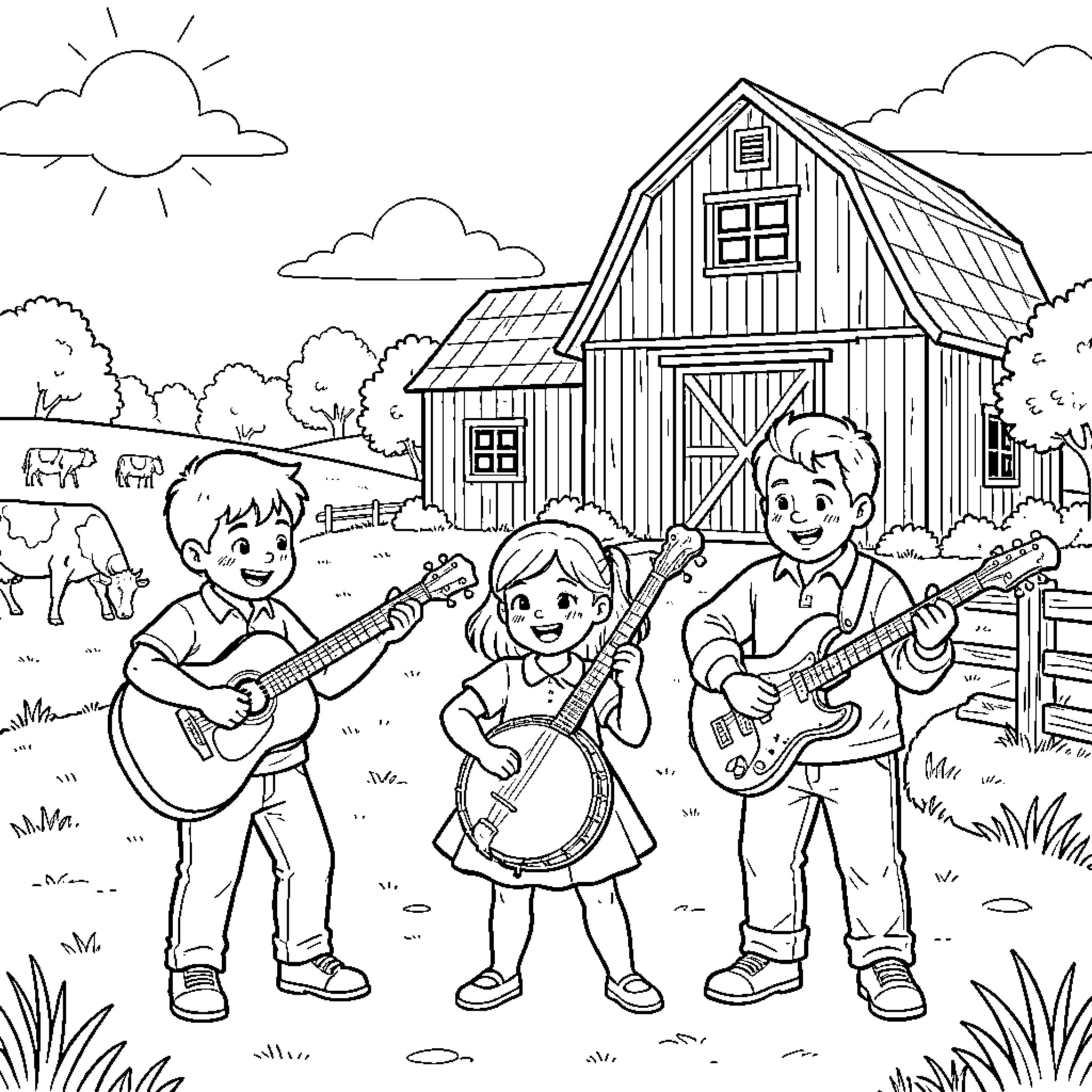 Boy musicians playing instruments on a farm Coloring Page (free black-and-white line drawing printable PDF for all, from beginners to advanced learners, including children, teens, adults, and seniors)