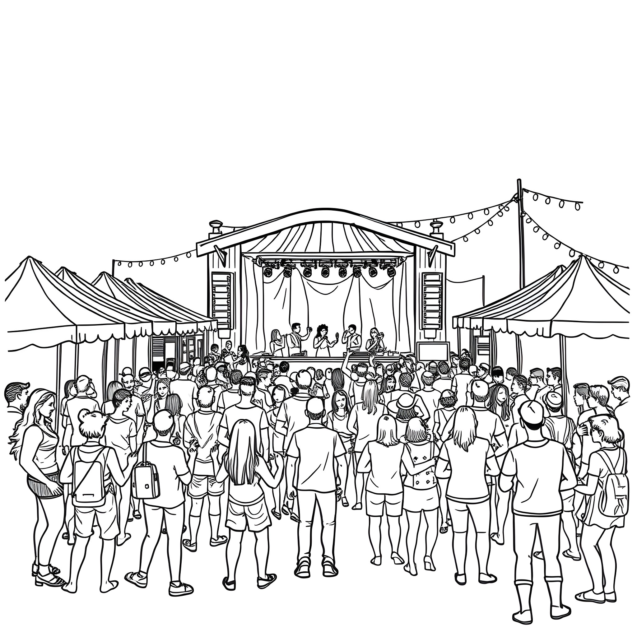 Bonnaroo Music Festival Crowd Enjoying the Event Coloring Page (free black-and-white line drawing printable PDF for all, from beginners to advanced learners, including children, teens, adults, and seniors)