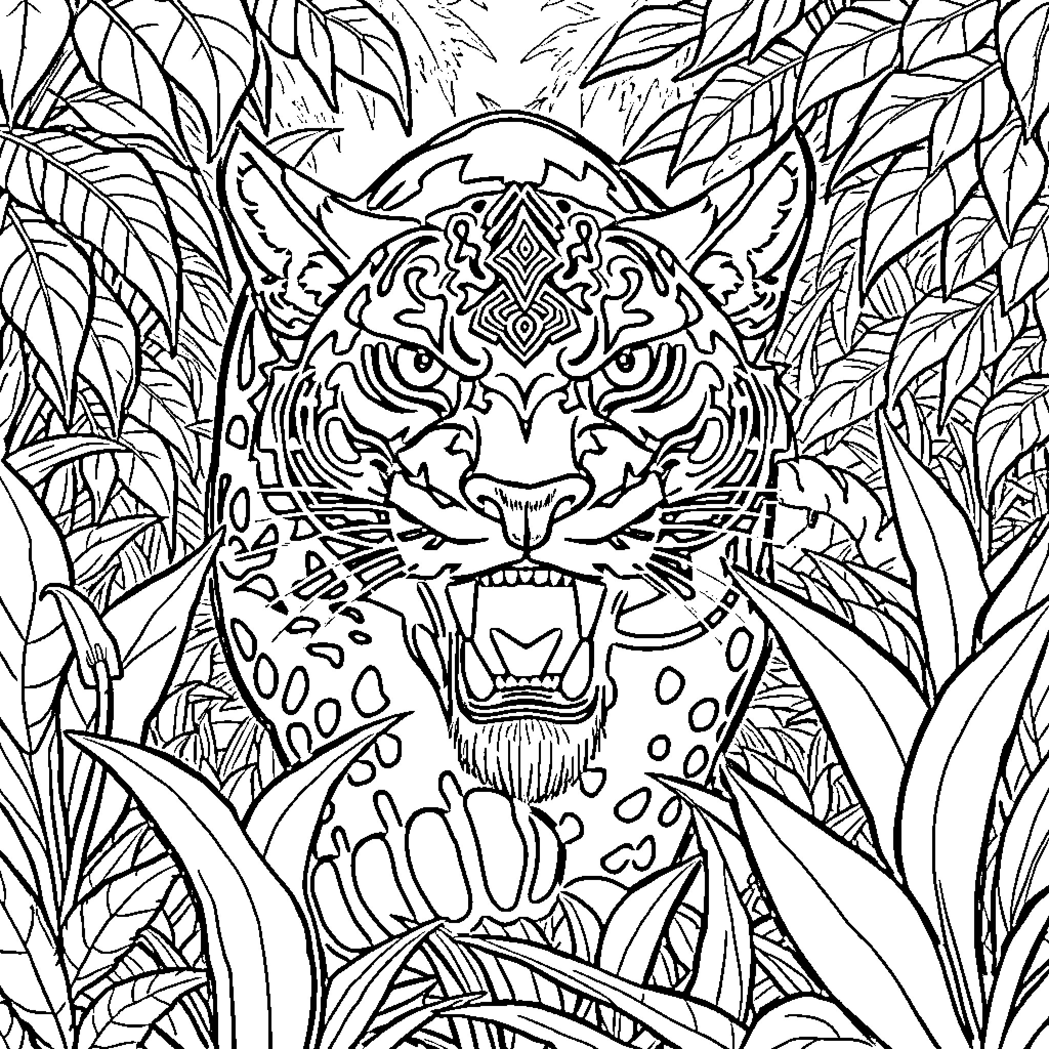 Puma prowling through the lush jungle foliage Coloring Page (free black-and-white line drawing printable PDF for all, from beginners to advanced learners, including children, teens, adults, and seniors)