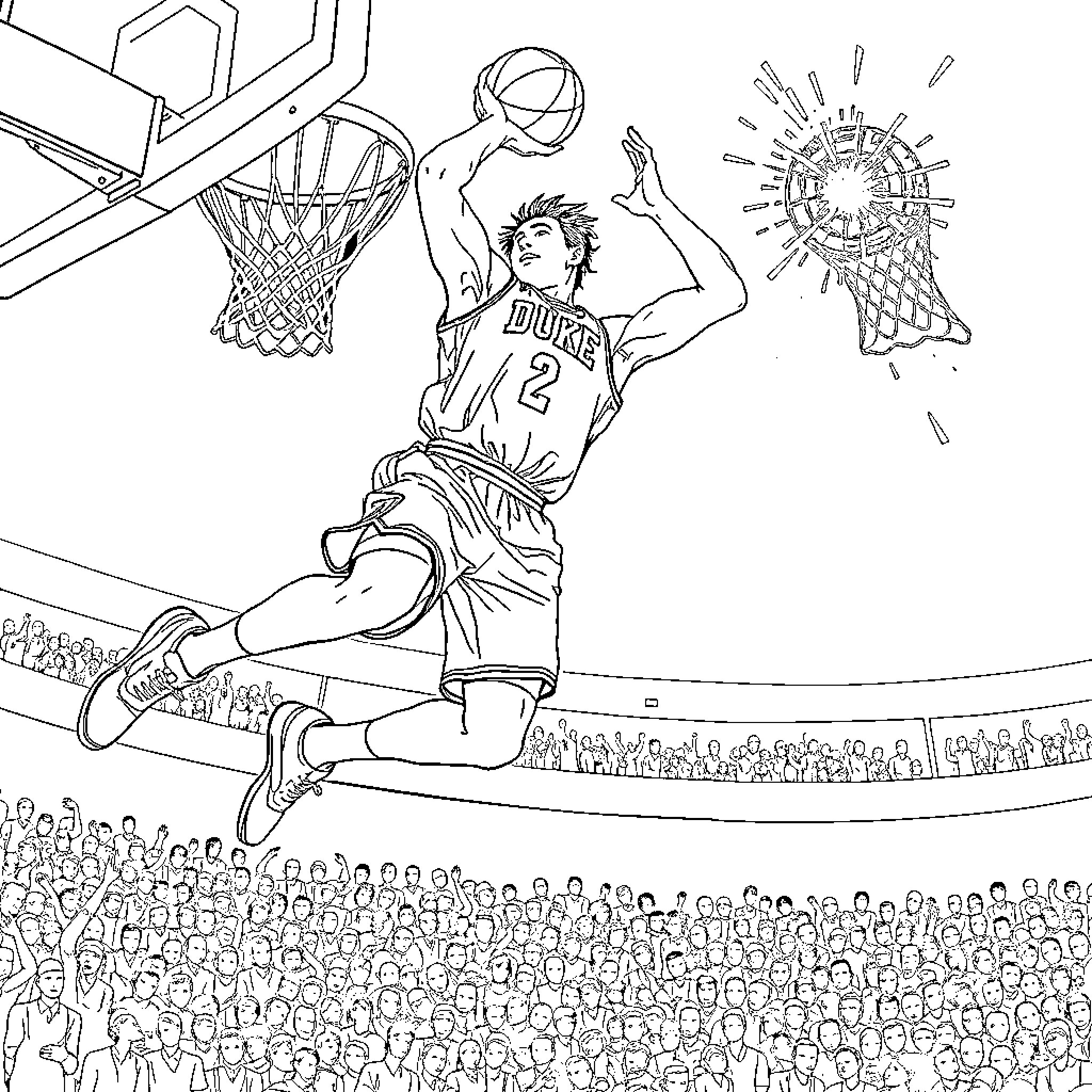Basketball player making a dunk shot during a game Coloring Page (free black-and-white line drawing printable PDF for all, from beginners to advanced learners, including children, teens, adults, and seniors)