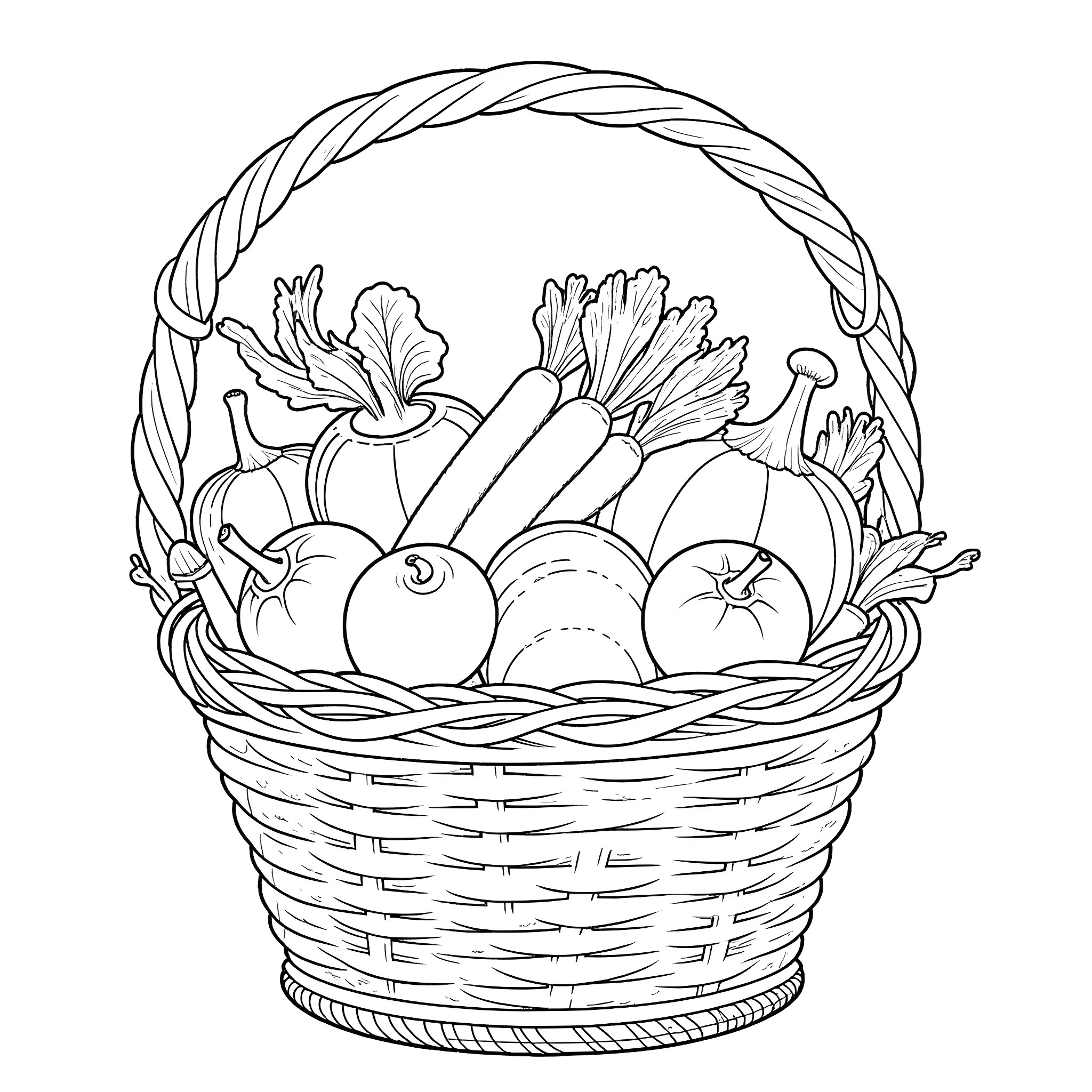 Vegetable Basket Filled with Assorted Produce Coloring Page (free black-and-white line drawing printable PDF for all, from beginners to advanced learners, including children, teens, adults, and seniors)