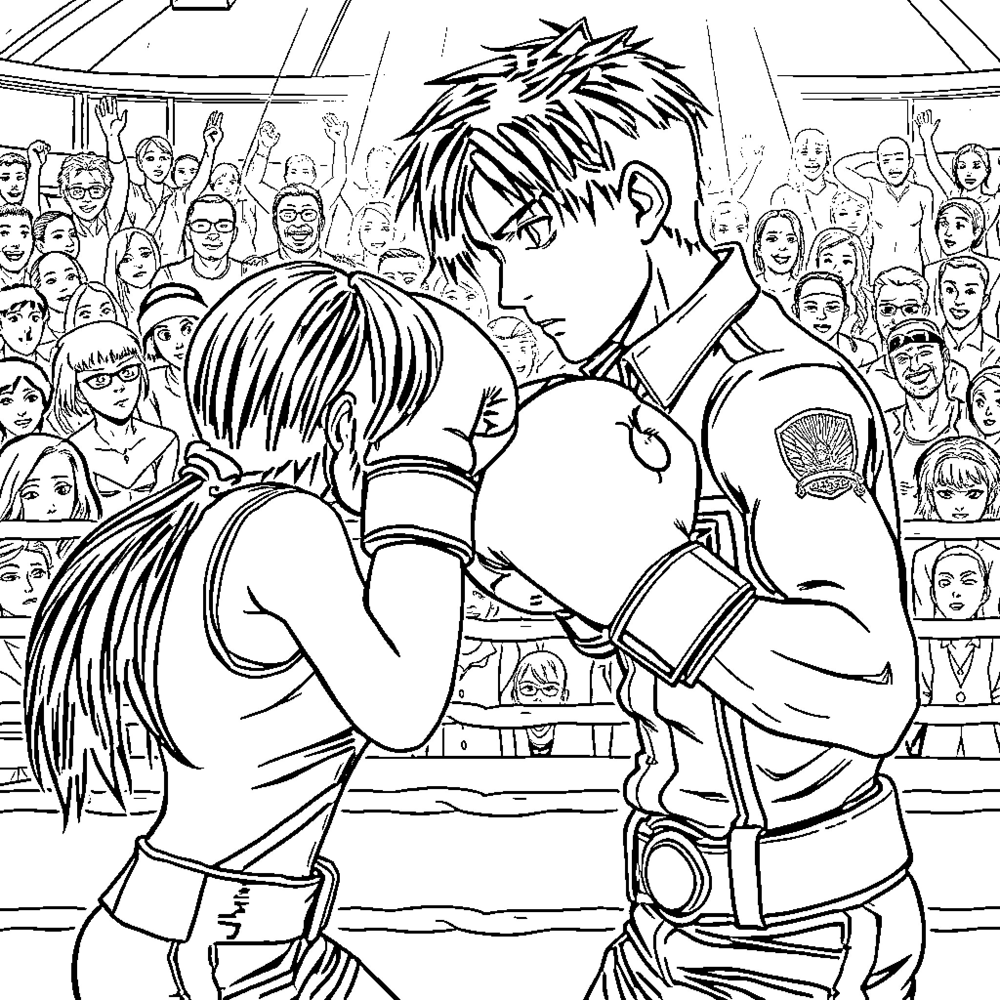 Eren's intense boxing match in front of a crowd Coloring Page (free black-and-white line drawing printable PDF for all, from beginners to advanced learners, including children, teens, adults, and seniors)