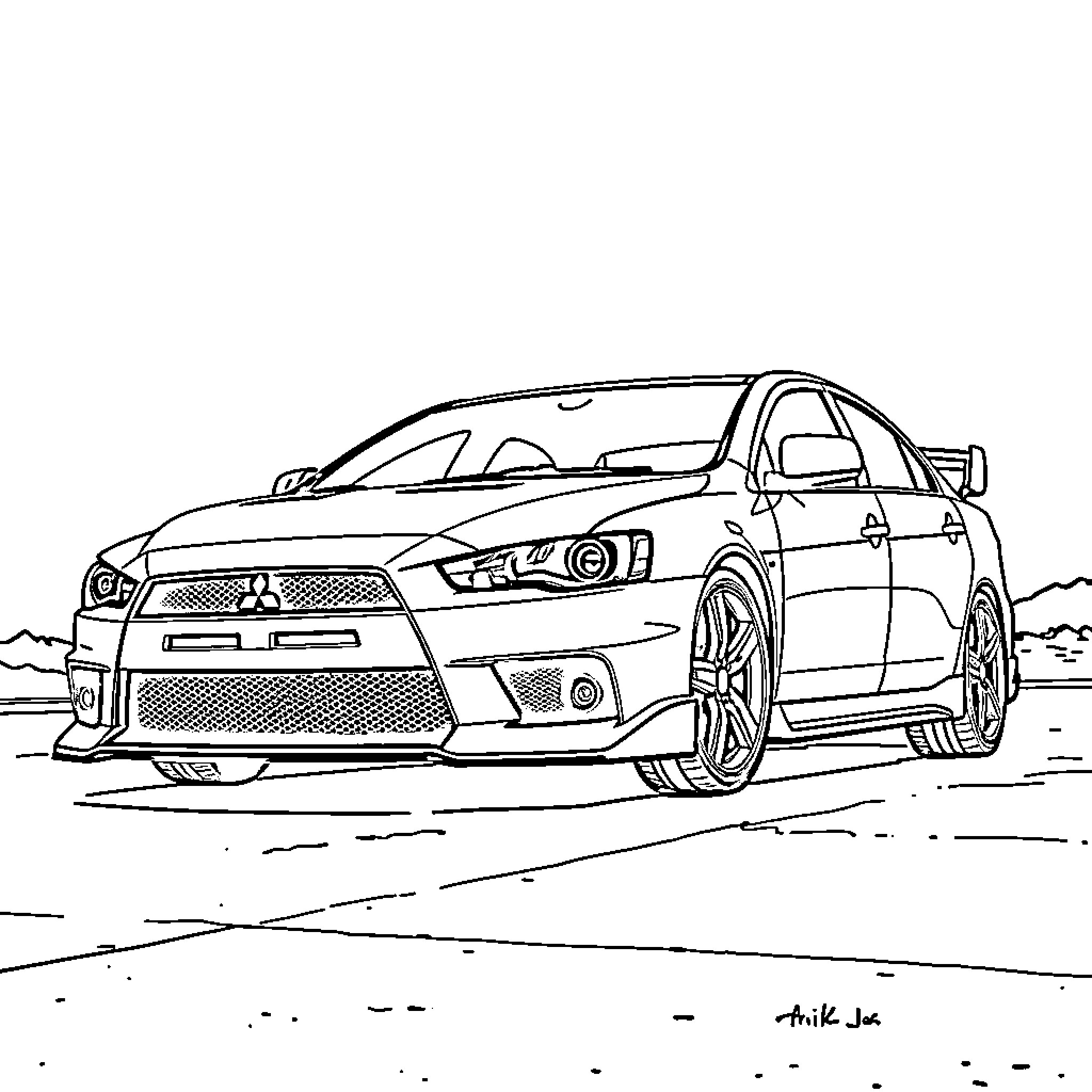 Mitsubishi Lancer racing on a dirt track Coloring Page (free black-and-white line drawing printable PDF for all, from beginners to advanced learners, including children, teens, adults, and seniors)