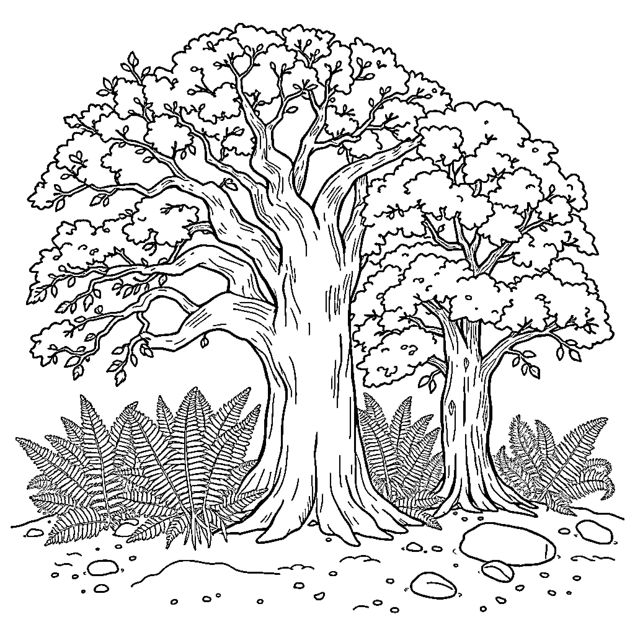 Tree with Lush Foliage in Forest Clearing Coloring Page (free black-and-white line drawing printable PDF for all, from beginners to advanced learners, including children, teens, adults, and seniors)