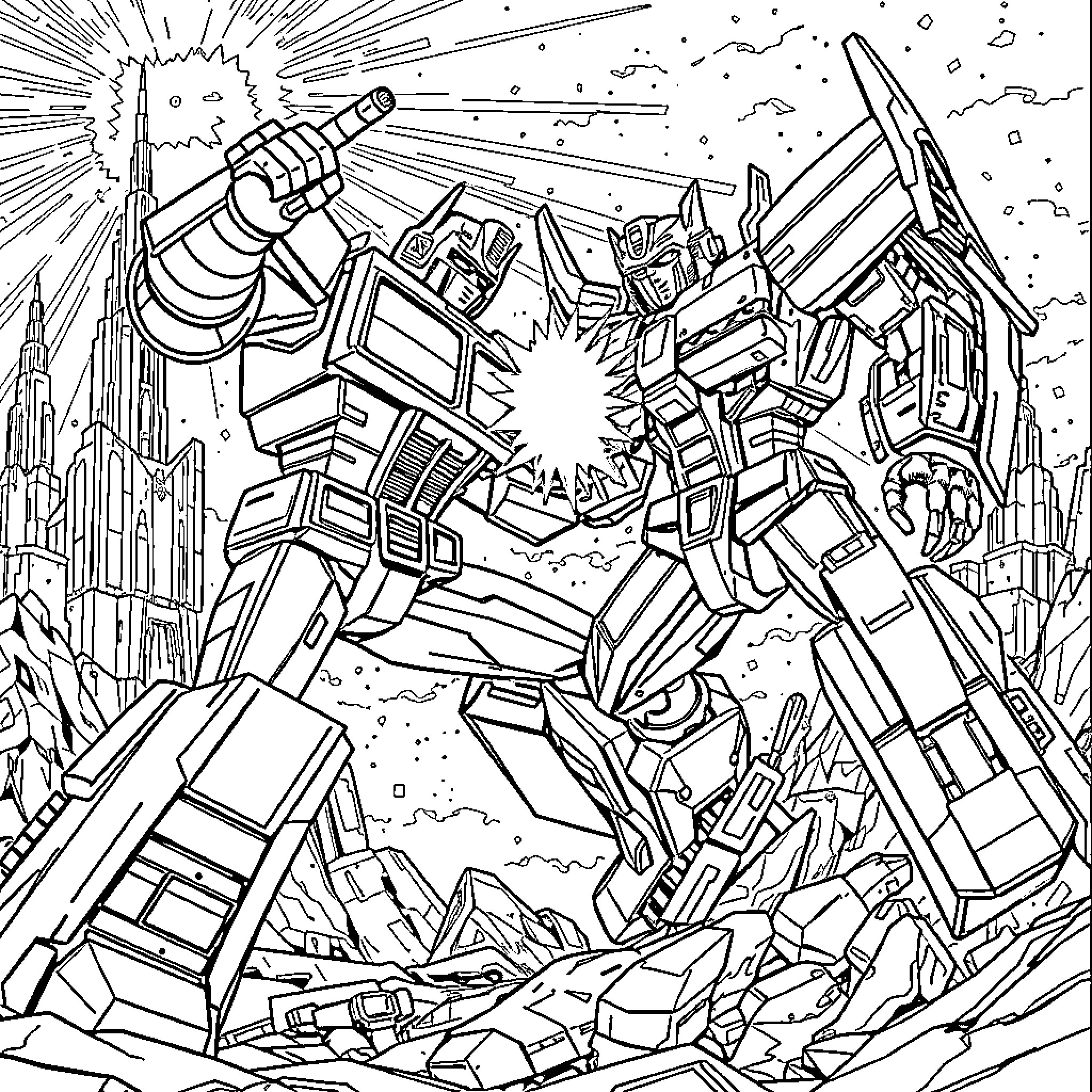 Optimus Prime leading the charge in battle Coloring Page (free black-and-white line drawing printable PDF for all, from beginners to advanced learners, including children, teens, adults, and seniors)