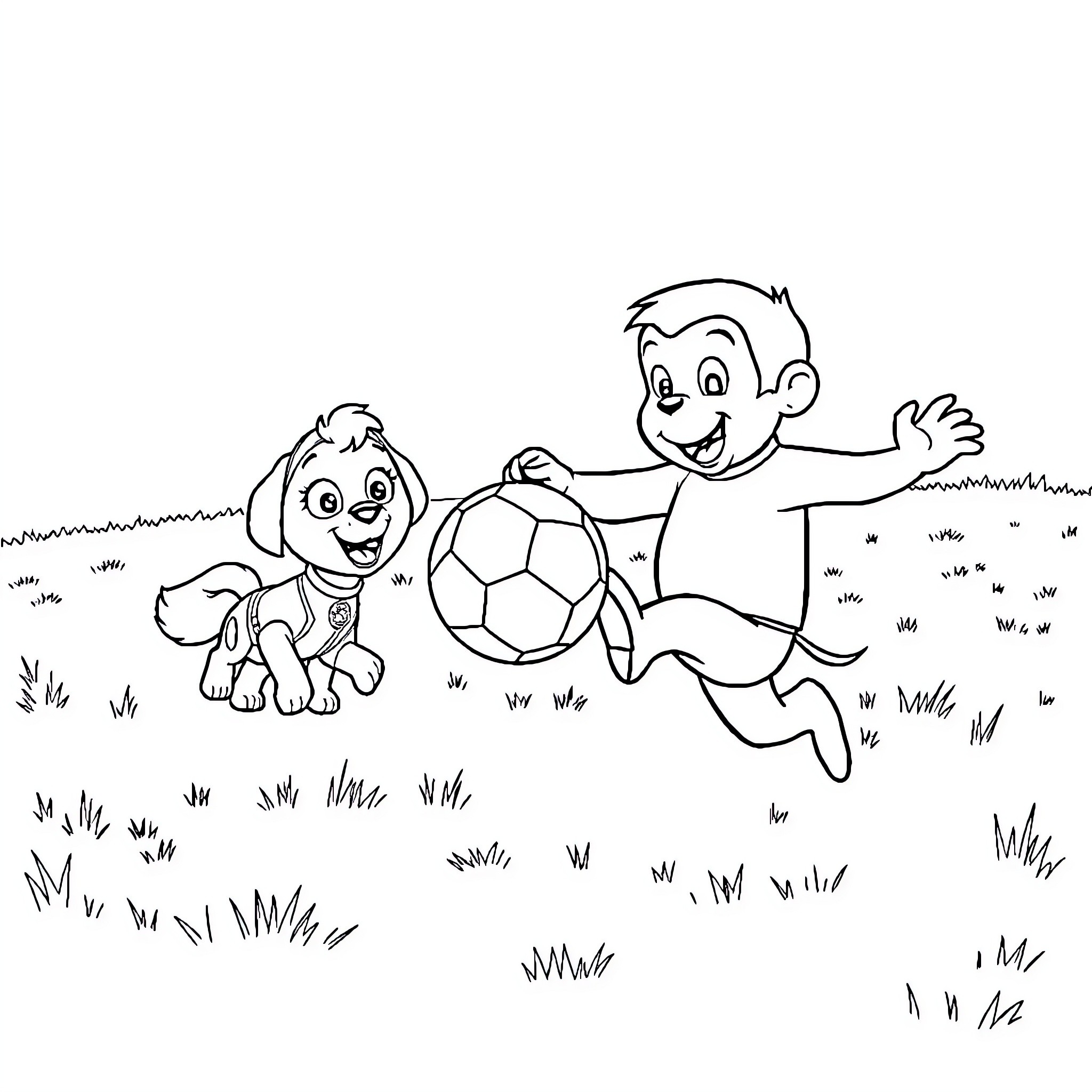 Curious George and Puppy Play with Soccer Ball Coloring Page (free black-and-white line drawing printable PDF for all, from beginners to advanced learners, including children, teens, adults, and seniors)
