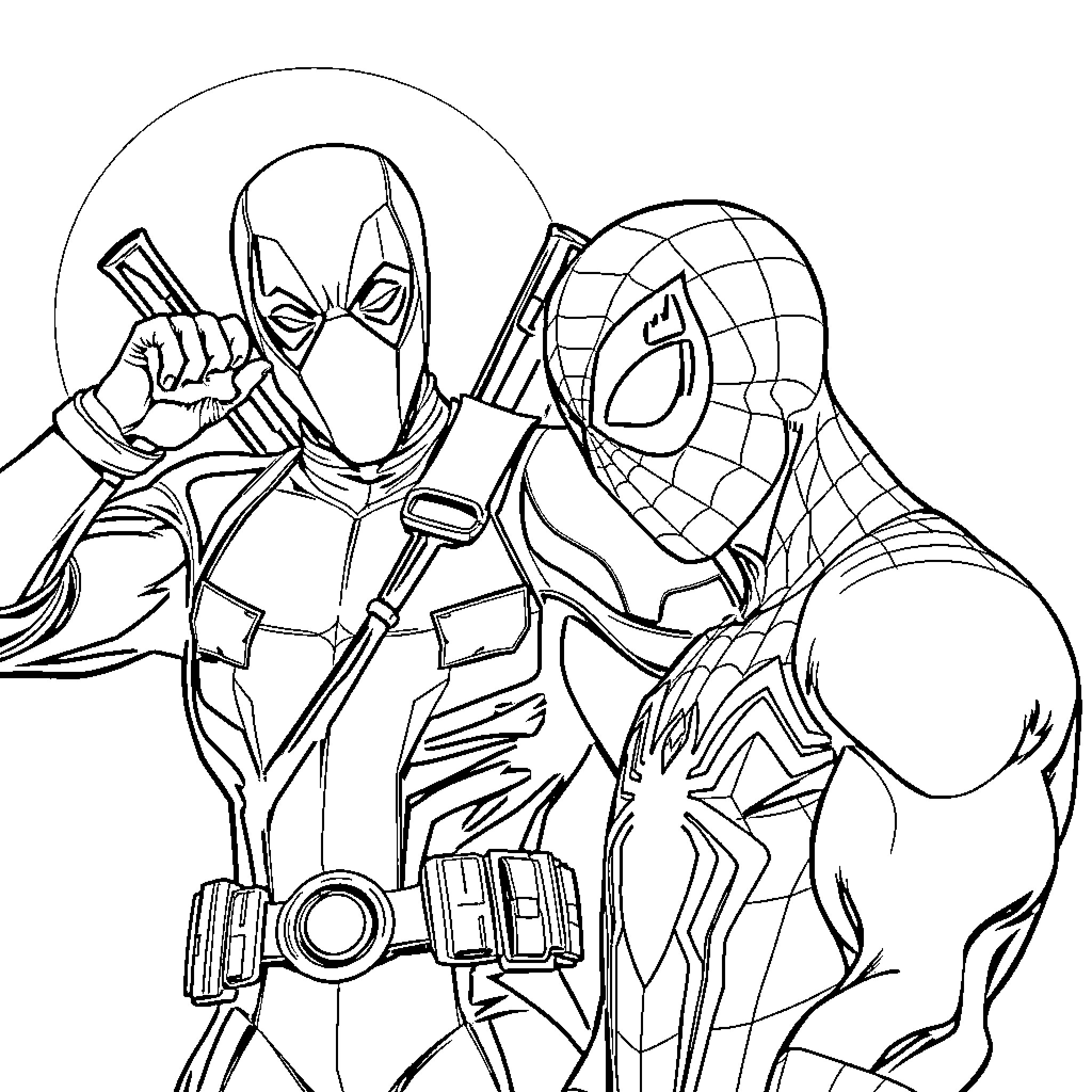 Deadpool and Spider-Man teaming up for an action-packed adventure Coloring Page (free black-and-white line drawing printable PDF for all, from beginners to advanced learners, including children, teens, adults, and seniors)