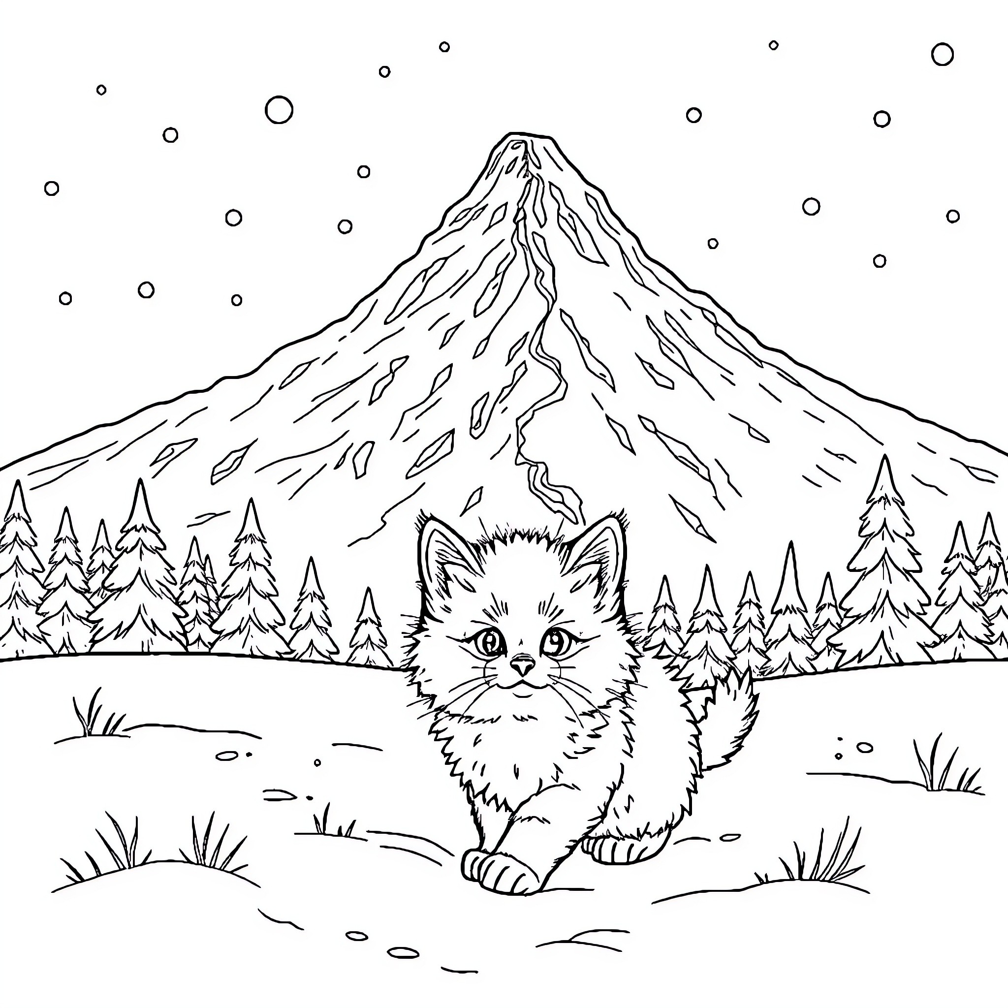 Kitten exploring snowy mountain landscape Coloring Page (free black-and-white line drawing printable PDF for all, from beginners to advanced learners, including children, teens, adults, and seniors)
