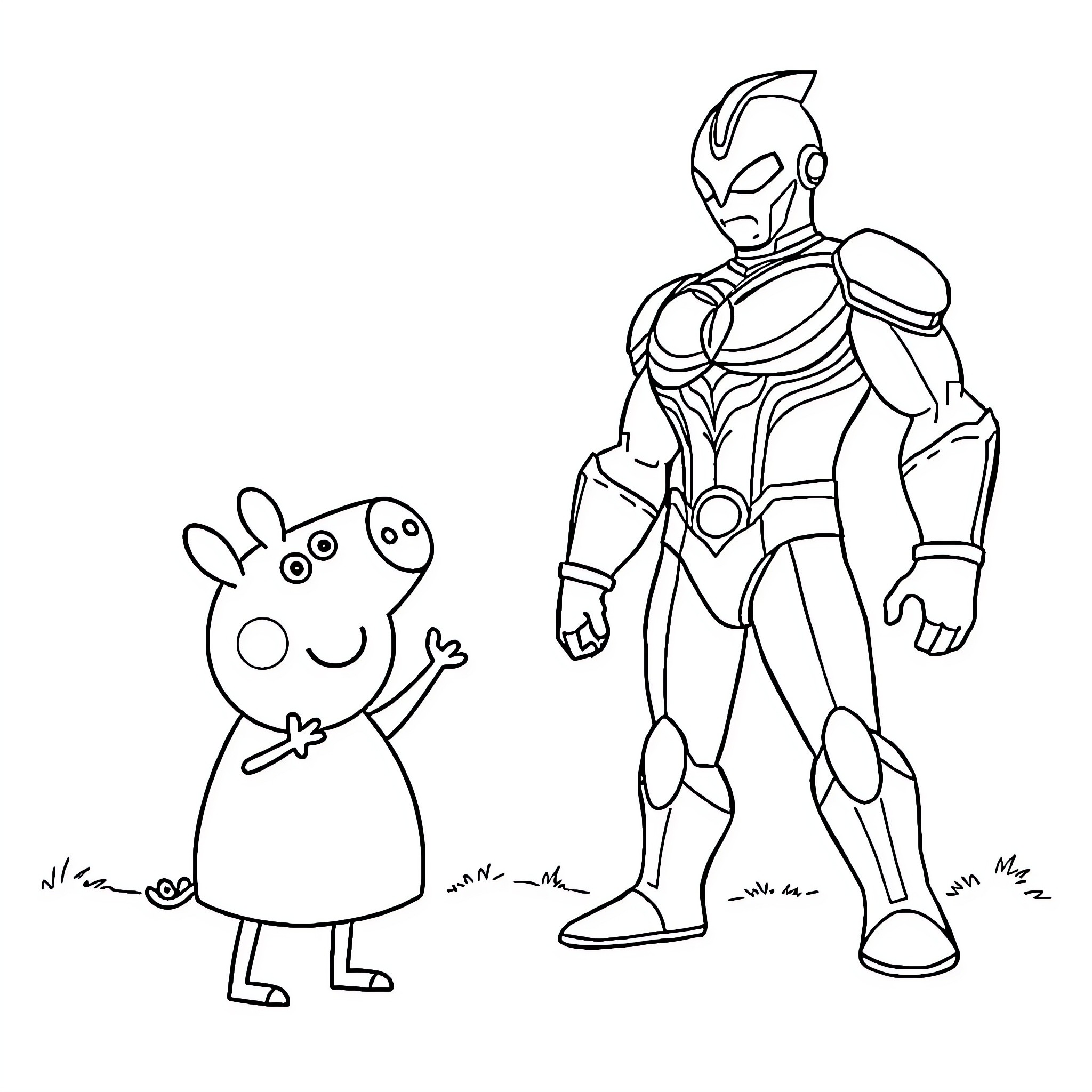Peppa Pig meets a friendly robot superhero Coloring Page (free black-and-white line drawing printable PDF for all, from beginners to advanced learners, including children, teens, adults, and seniors)