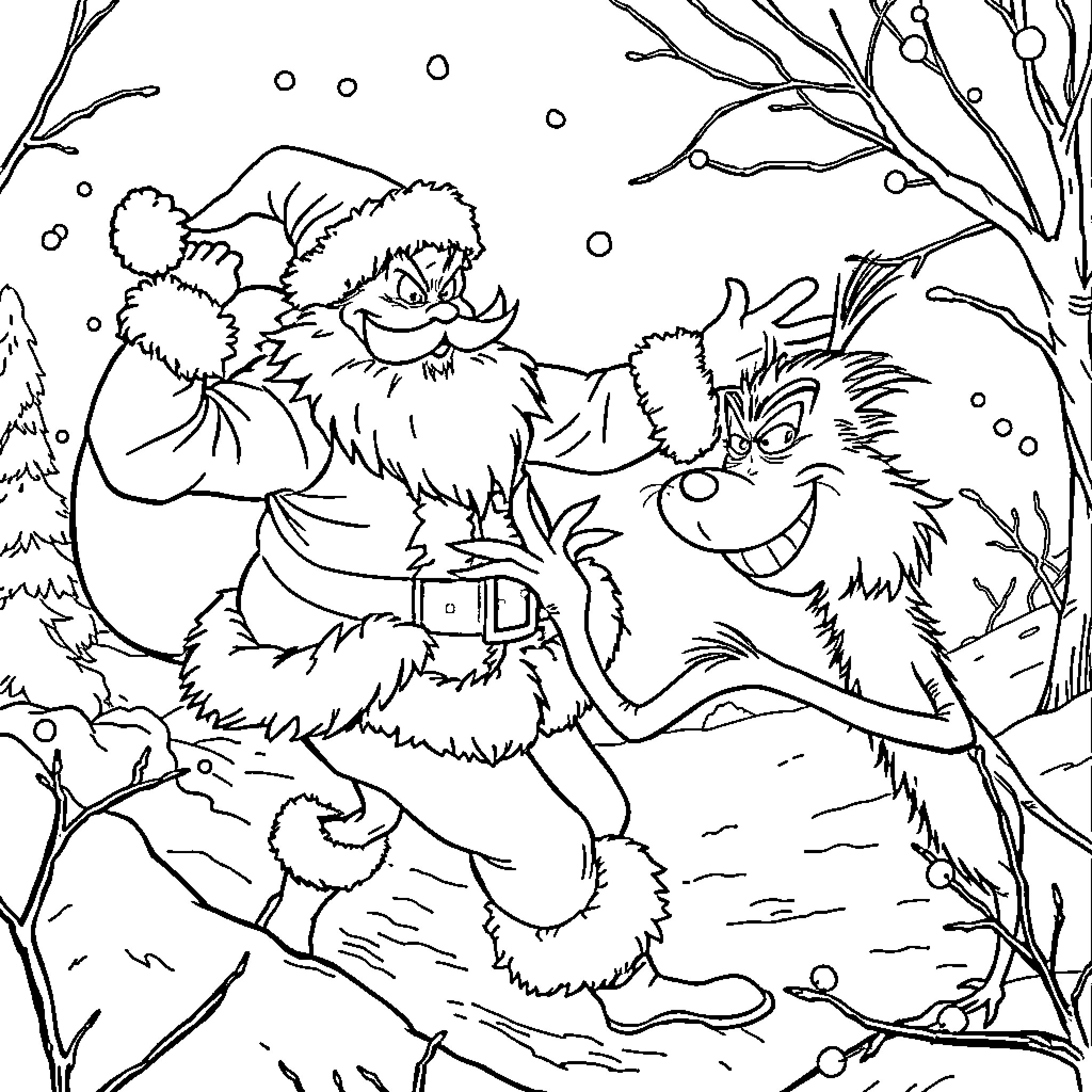 Santa and a furry creature in a snowy forest Coloring Page (free black-and-white line drawing printable PDF for all, from beginners to advanced learners, including children, teens, adults, and seniors)