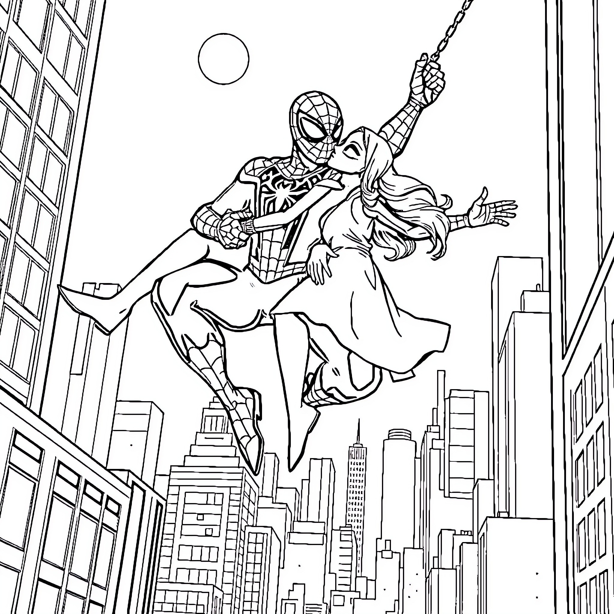 Spiderman swinging heroically over cityscape Coloring Page (free black-and-white line drawing printable PDF for all, from beginners to advanced learners, including children, teens, adults, and seniors)