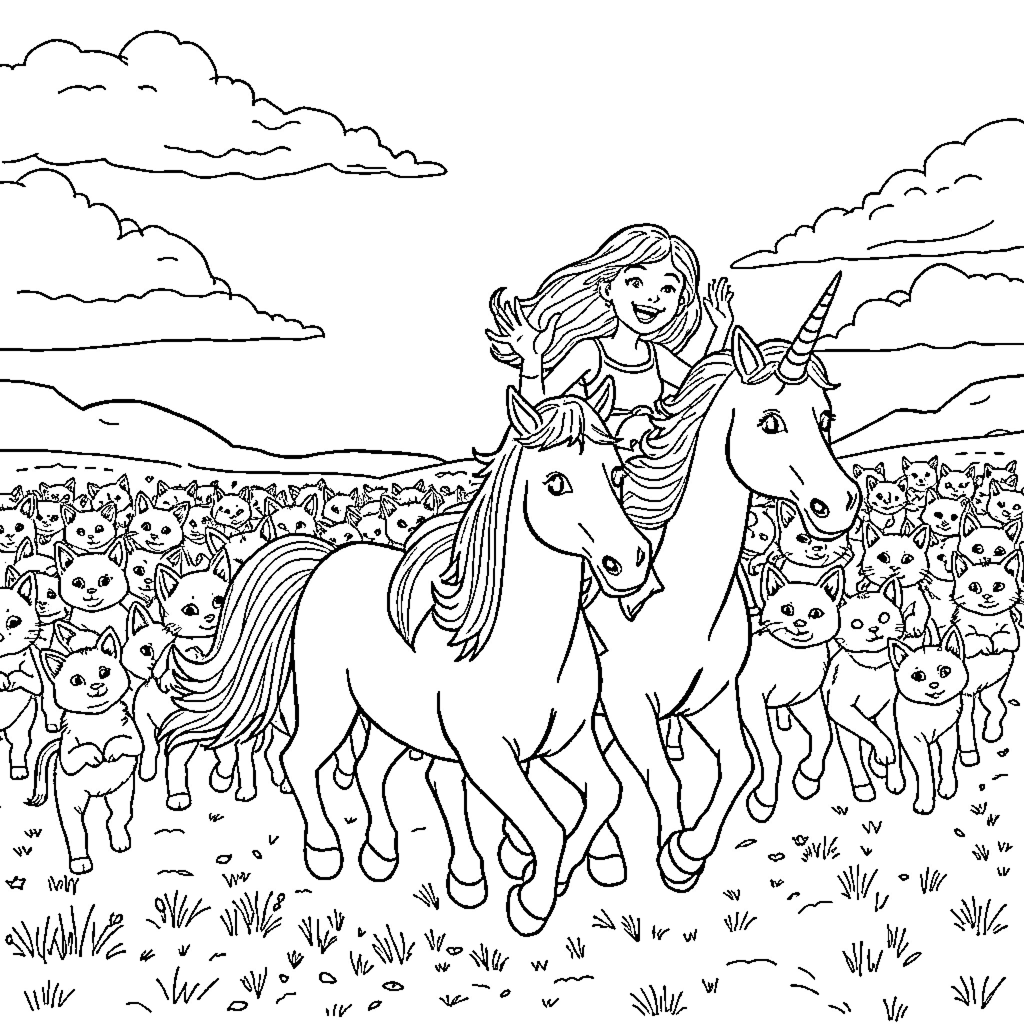 Unicorn Maiden Riding Triumphantly Through a Realm of Adorable Creatures Coloring Page (free black-and-white line drawing printable PDF for all, from beginners to advanced learners, including children, teens, adults, and seniors)