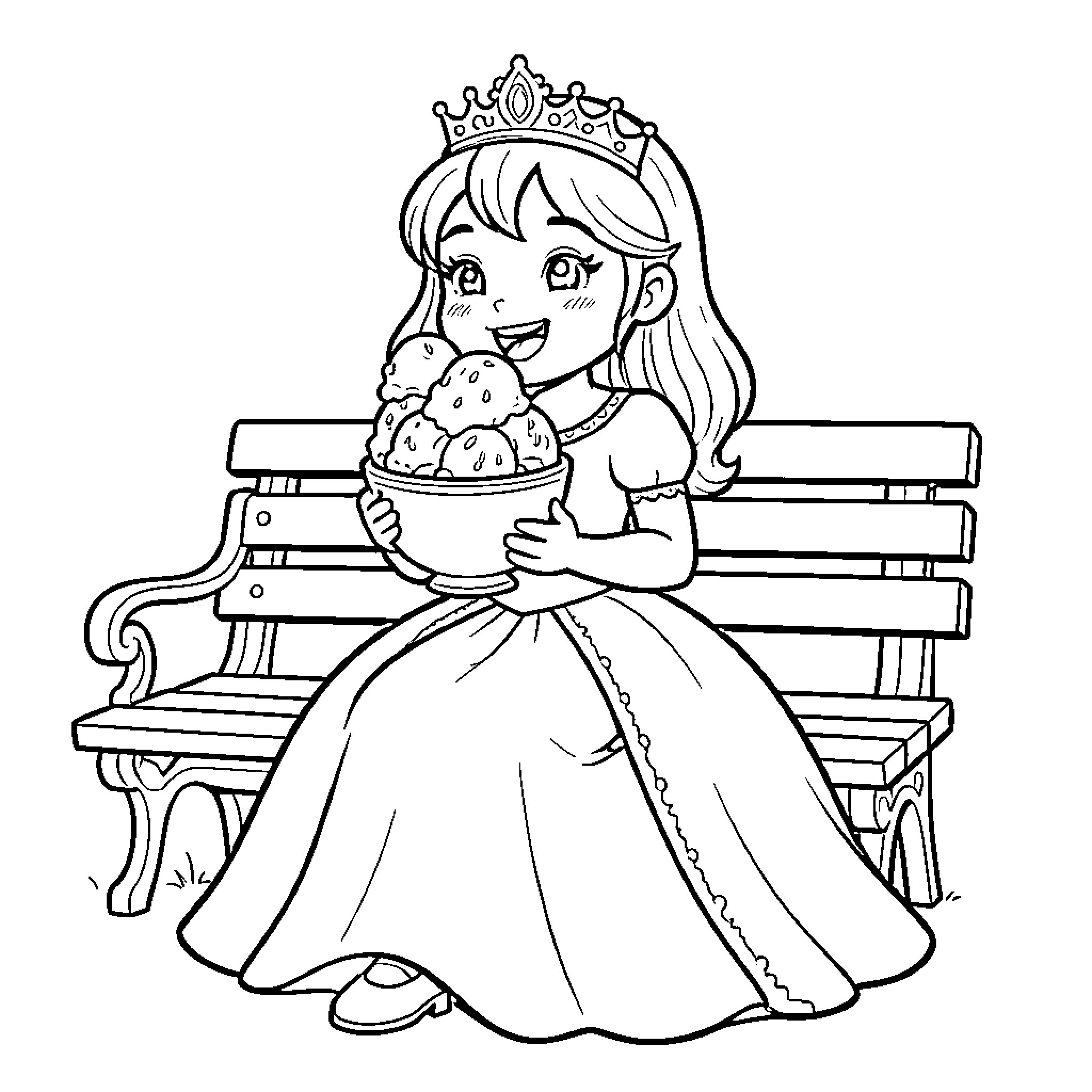 Princess sitting on a bench eating ice cream Coloring Page (free black-and-white line drawing printable PDF for all, from beginners to advanced learners, including children, teens, adults, and seniors)