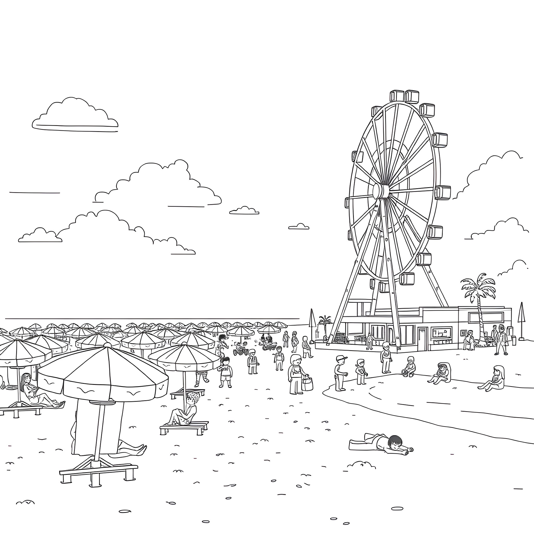Minecraft characters enjoying a day at the carnival Coloring Page (free black-and-white line drawing printable PDF for all, from beginners to advanced learners, including children, teens, adults, and seniors)