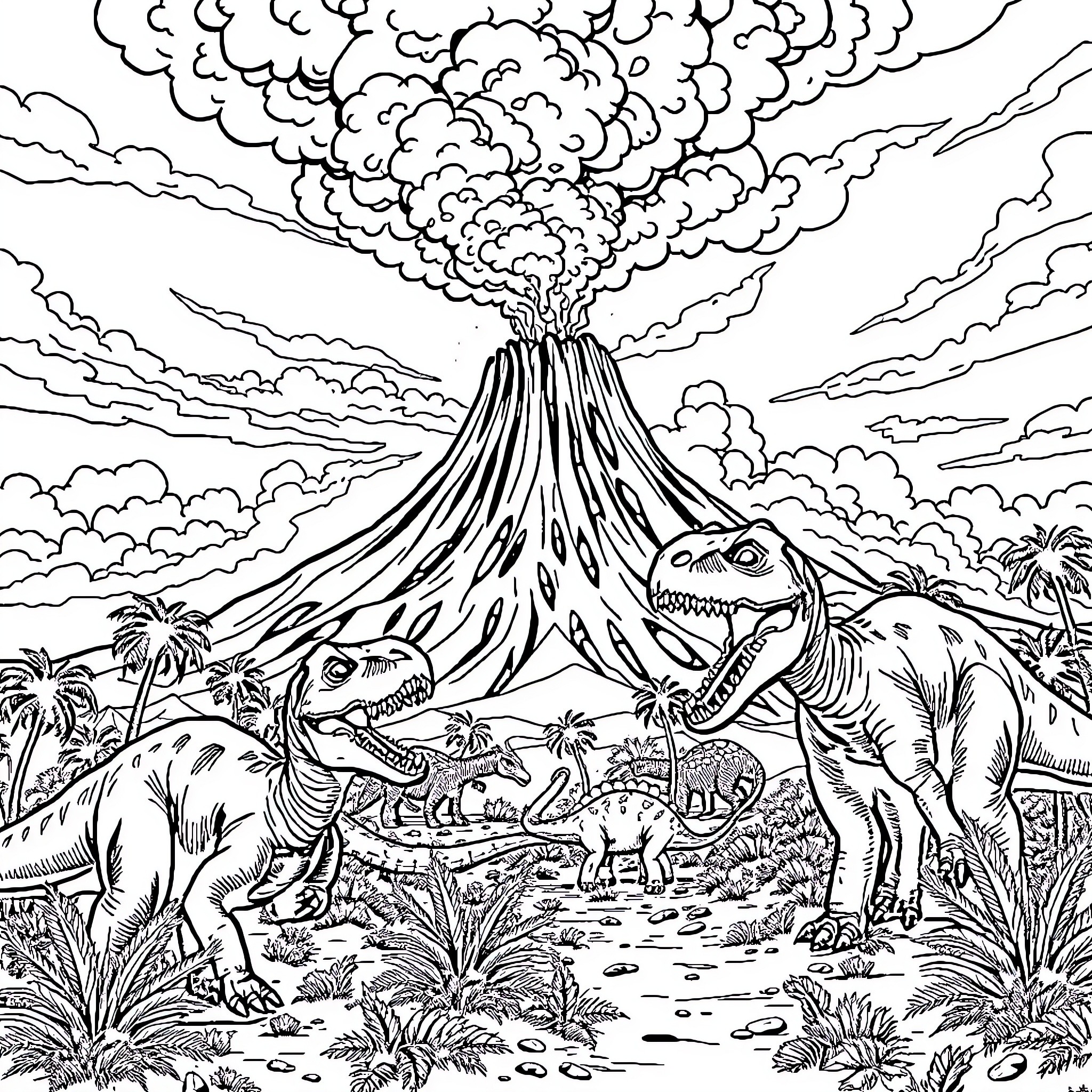 Dinosaurs exploring a volcanic landscape Coloring Page (free black-and-white line drawing printable PDF for all, from beginners to advanced learners, including children, teens, adults, and seniors)