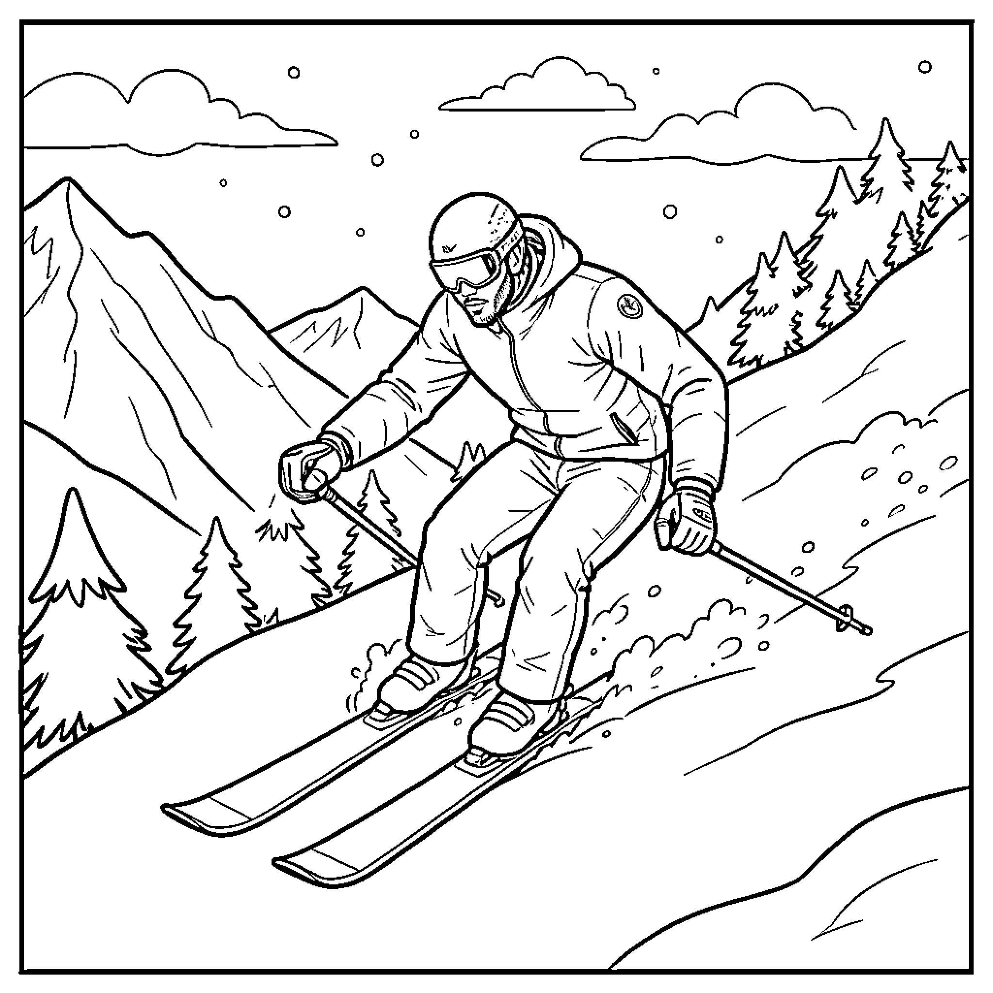Mbappe skiing down a snowy mountain slope Coloring Page (free black-and-white line drawing printable PDF for all, from beginners to advanced learners, including children, teens, adults, and seniors)