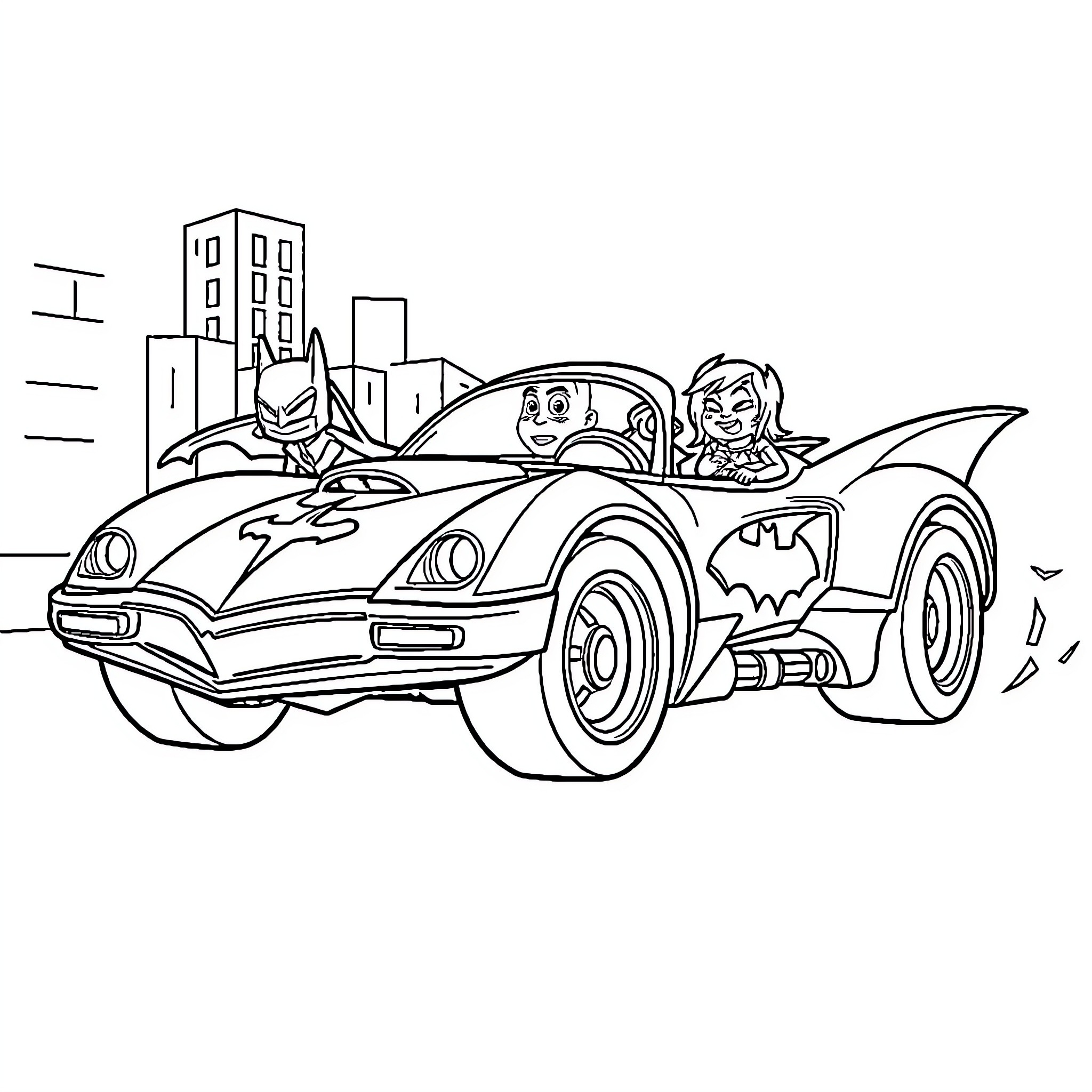 Batwheels heroes driving batmobile in the city Coloring Page (free black-and-white line drawing printable PDF for all, from beginners to advanced learners, including children, teens, adults, and seniors)