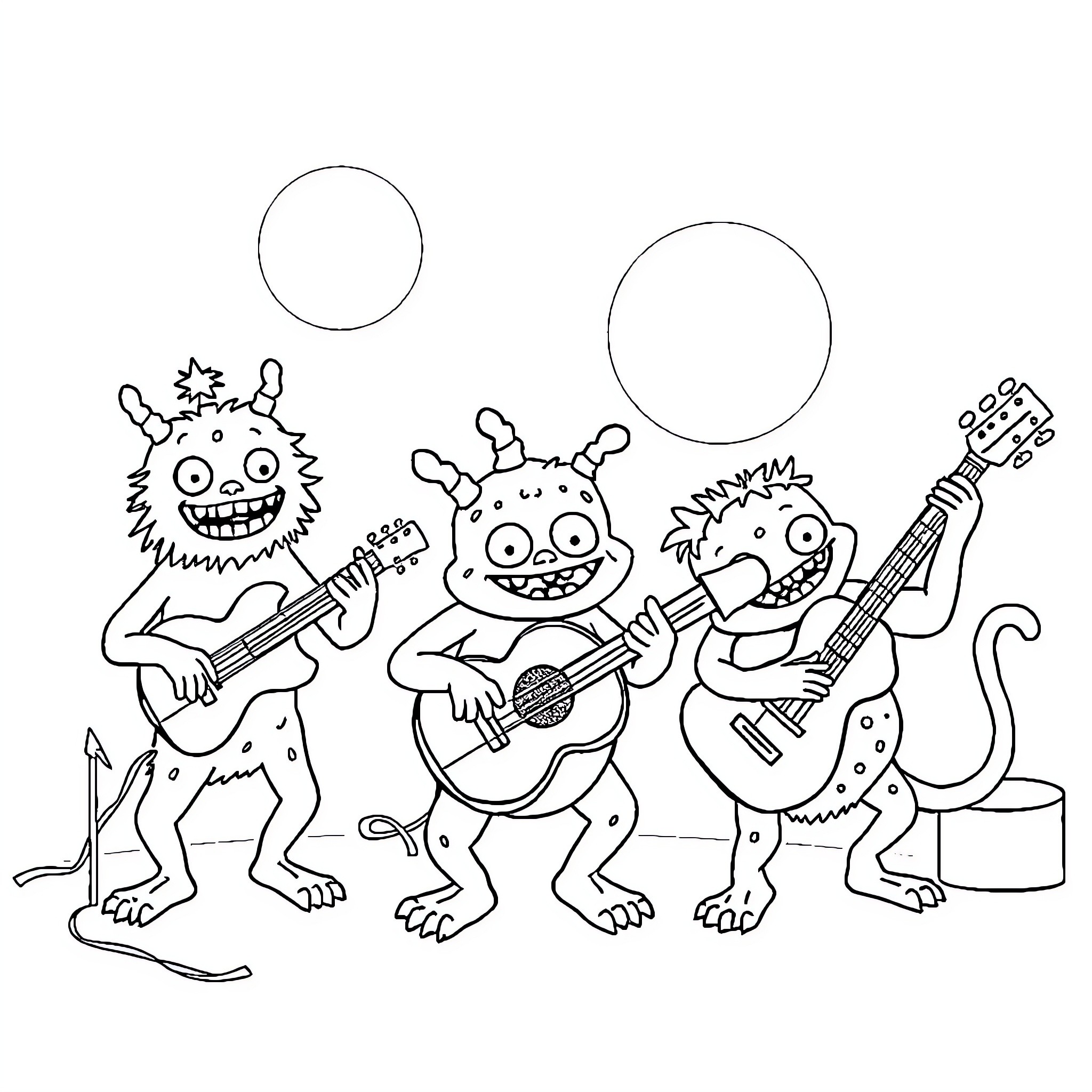 Monster band playing music together happily Coloring Page (free black-and-white line drawing printable PDF for all, from beginners to advanced learners, including children, teens, adults, and seniors)