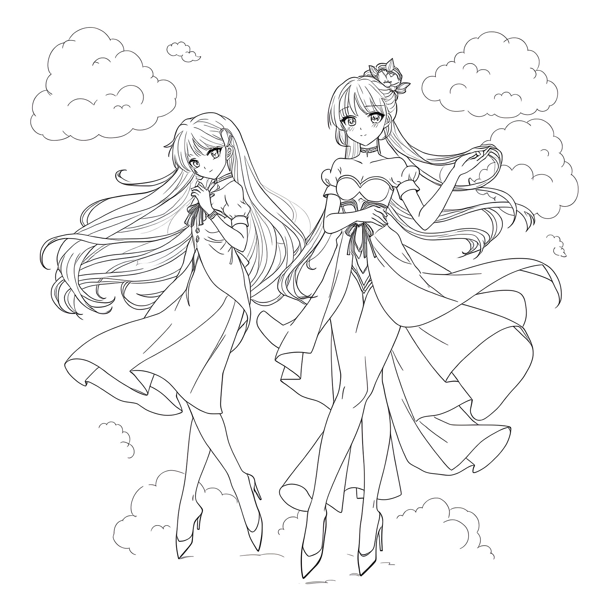 Anime Girls in Elegant Dresses Dancing on Clouds Coloring Page (free black-and-white line drawing printable PDF for all, from beginners to advanced learners, including children, teens, adults, and seniors)
