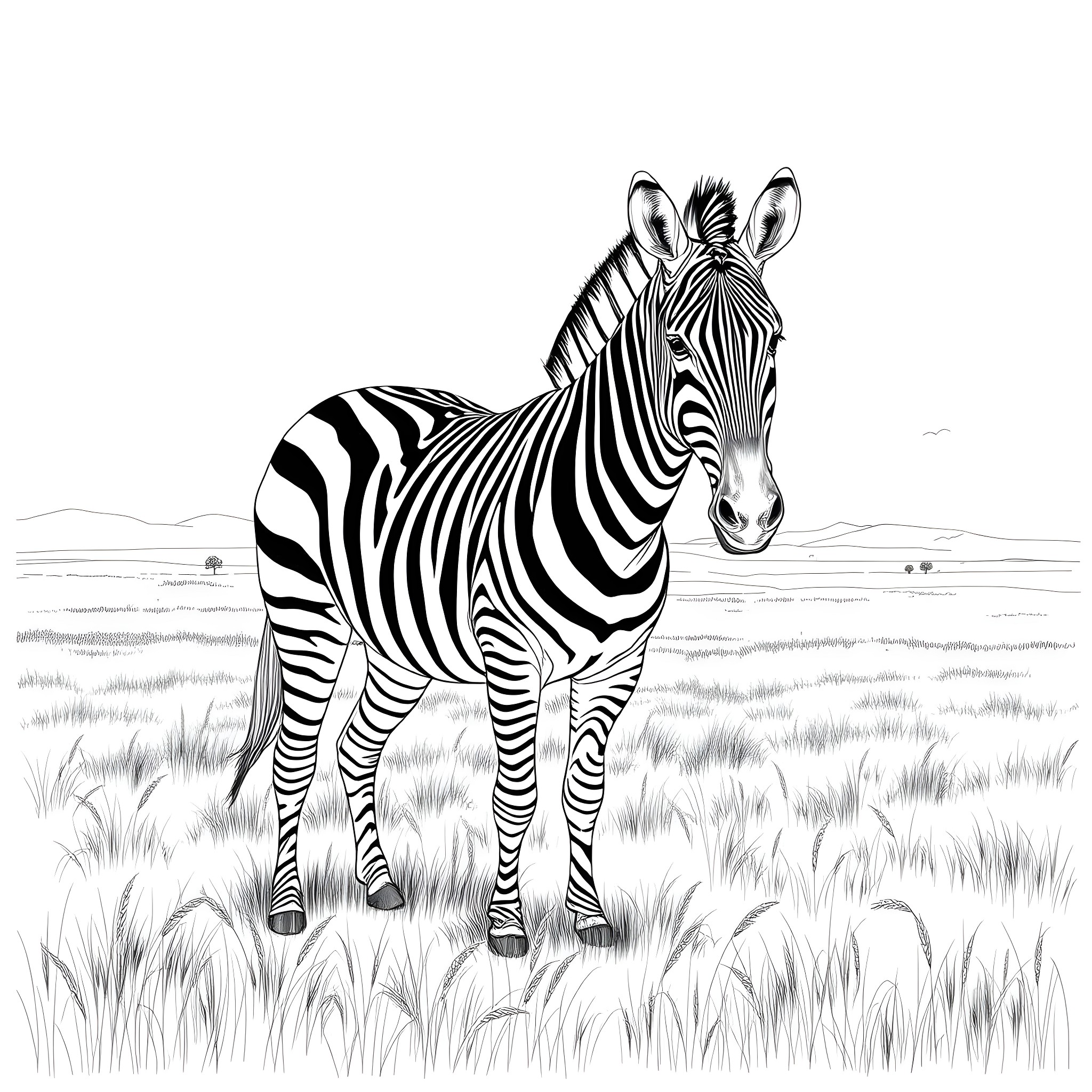 Zebra standing majestically in the grasslands Coloring Page (free black-and-white line drawing printable PDF for all, from beginners to advanced learners, including children, teens, adults, and seniors)