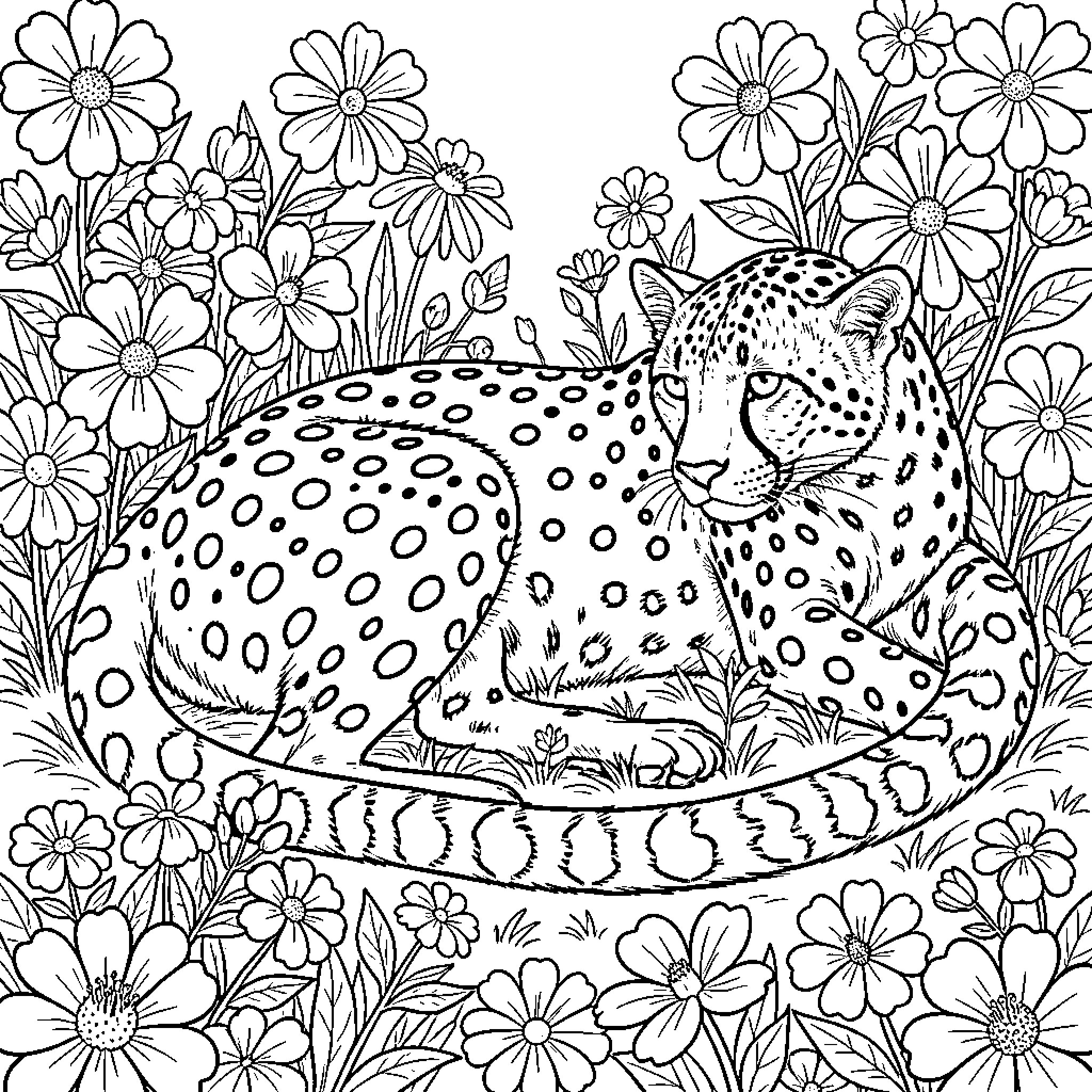 Cheetah resting amidst vibrant floral field Coloring Page (free black-and-white line drawing printable PDF for all, from beginners to advanced learners, including children, teens, adults, and seniors)