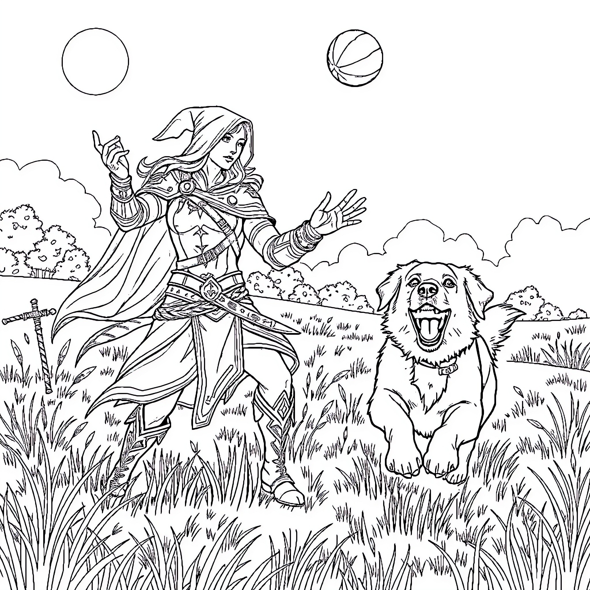 Blood Elf Warrior Exploring Scenic Outdoor Landscape with Loyal Companion Coloring Page (free black-and-white line drawing printable PDF for all, from beginners to advanced learners, including children, teens, adults, and seniors)