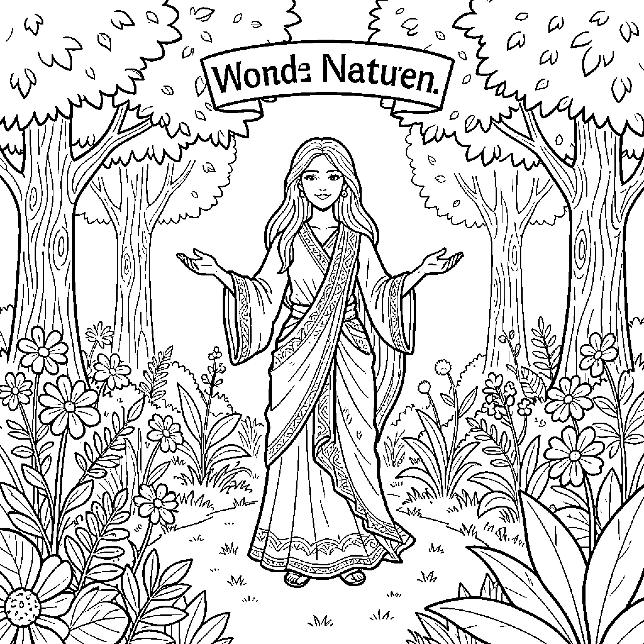 Mother Nature standing gracefully in a lush forest Coloring Page (free black-and-white line drawing printable PDF for all, from beginners to advanced learners, including children, teens, adults, and seniors)