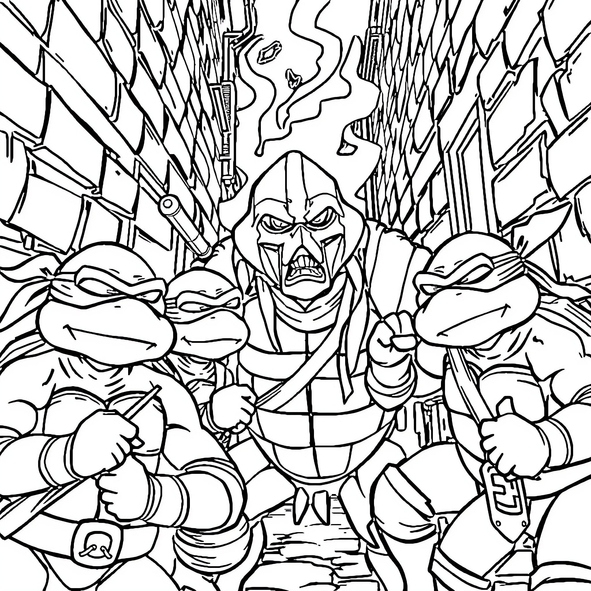 Ninja Turtle warriors in intense battle scene Coloring Page (free black-and-white line drawing printable PDF for all, from beginners to advanced learners, including children, teens, adults, and seniors)