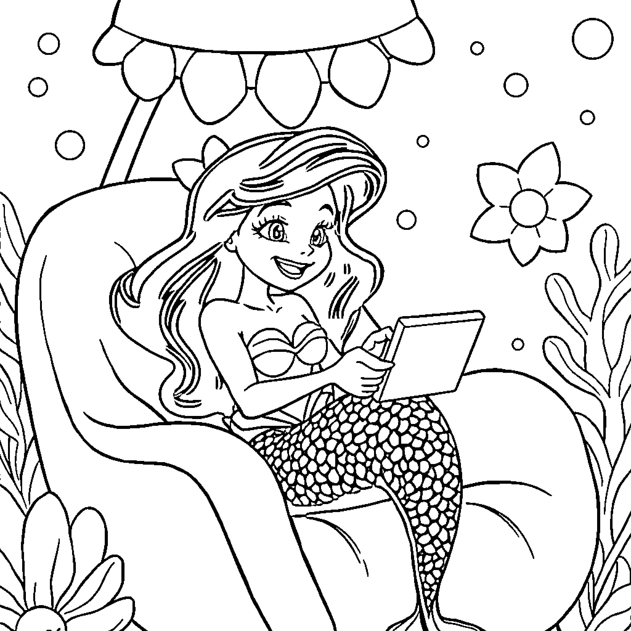 Sirenita relaxing and using a device in the underwater scene Coloring Page (free black-and-white line drawing printable PDF for all, from beginners to advanced learners, including children, teens, adults, and seniors)