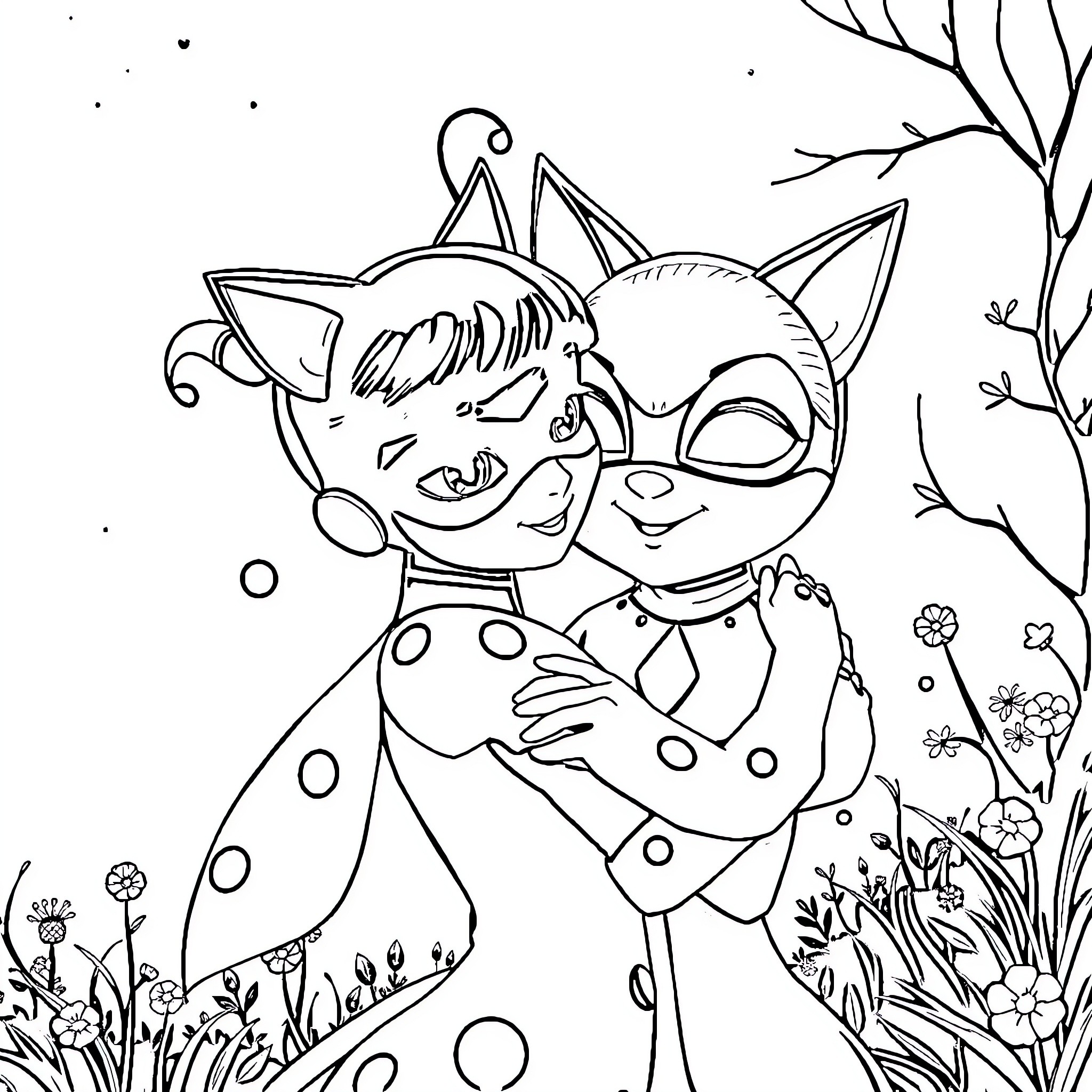 Ladybug friends enjoying a cheerful moment in nature Coloring Page (free black-and-white line drawing printable PDF for all, from beginners to advanced learners, including children, teens, adults, and seniors)