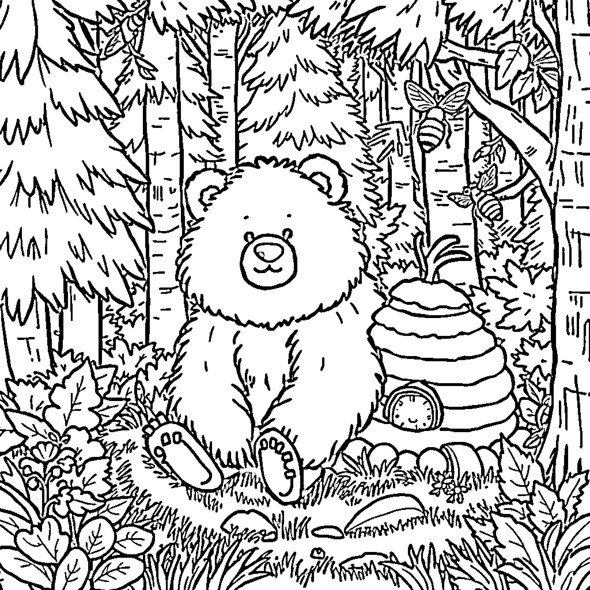Bear resting in the peaceful forest Coloring Page (free black-and-white line drawing printable PDF for all, from beginners to advanced learners, including children, teens, adults, and seniors)