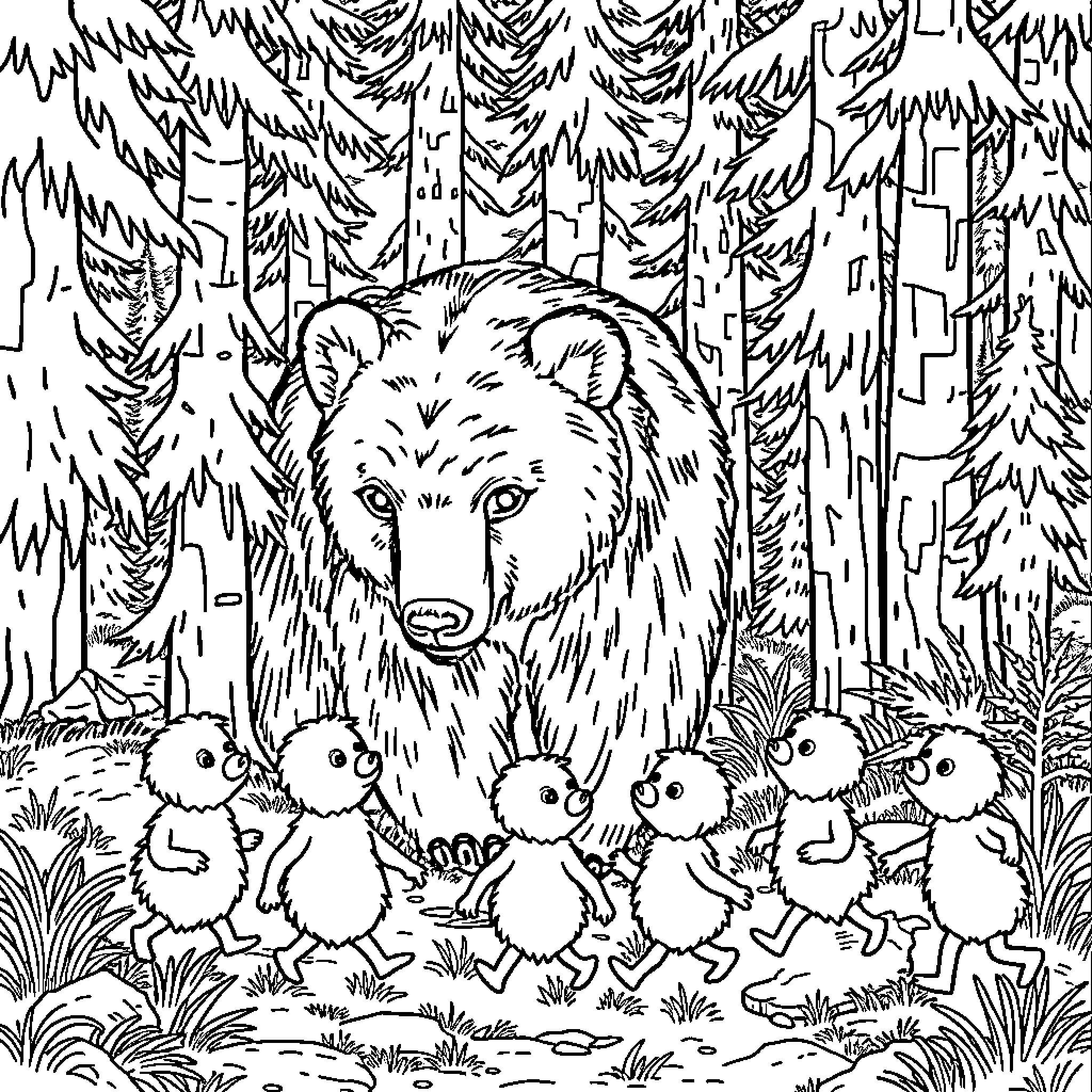 Lemming companions observing a bear in the forest Coloring Page (free black-and-white line drawing printable PDF for all, from beginners to advanced learners, including children, teens, adults, and seniors)