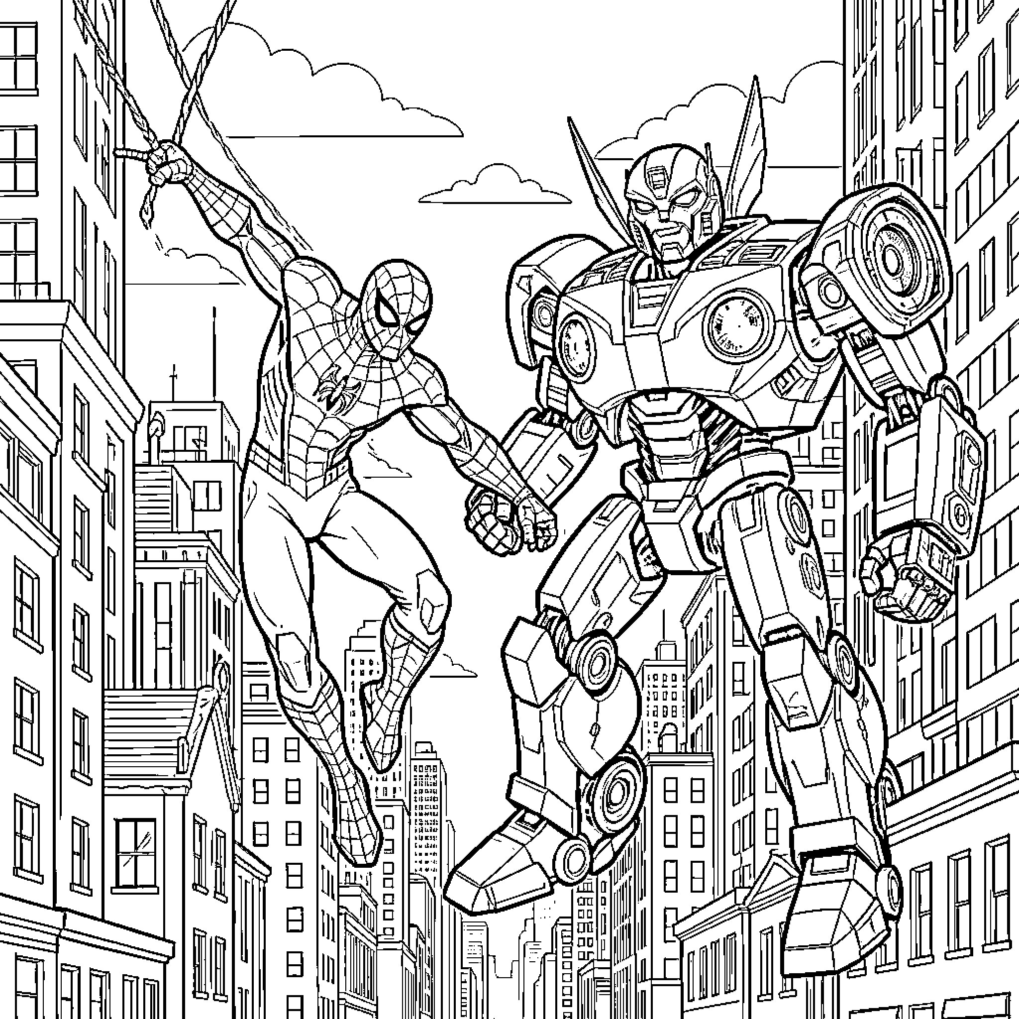 Spider-Man and Superhero Robot Clash in City Skyline Coloring Page (free black-and-white line drawing printable PDF for all, from beginners to advanced learners, including children, teens, adults, and seniors)