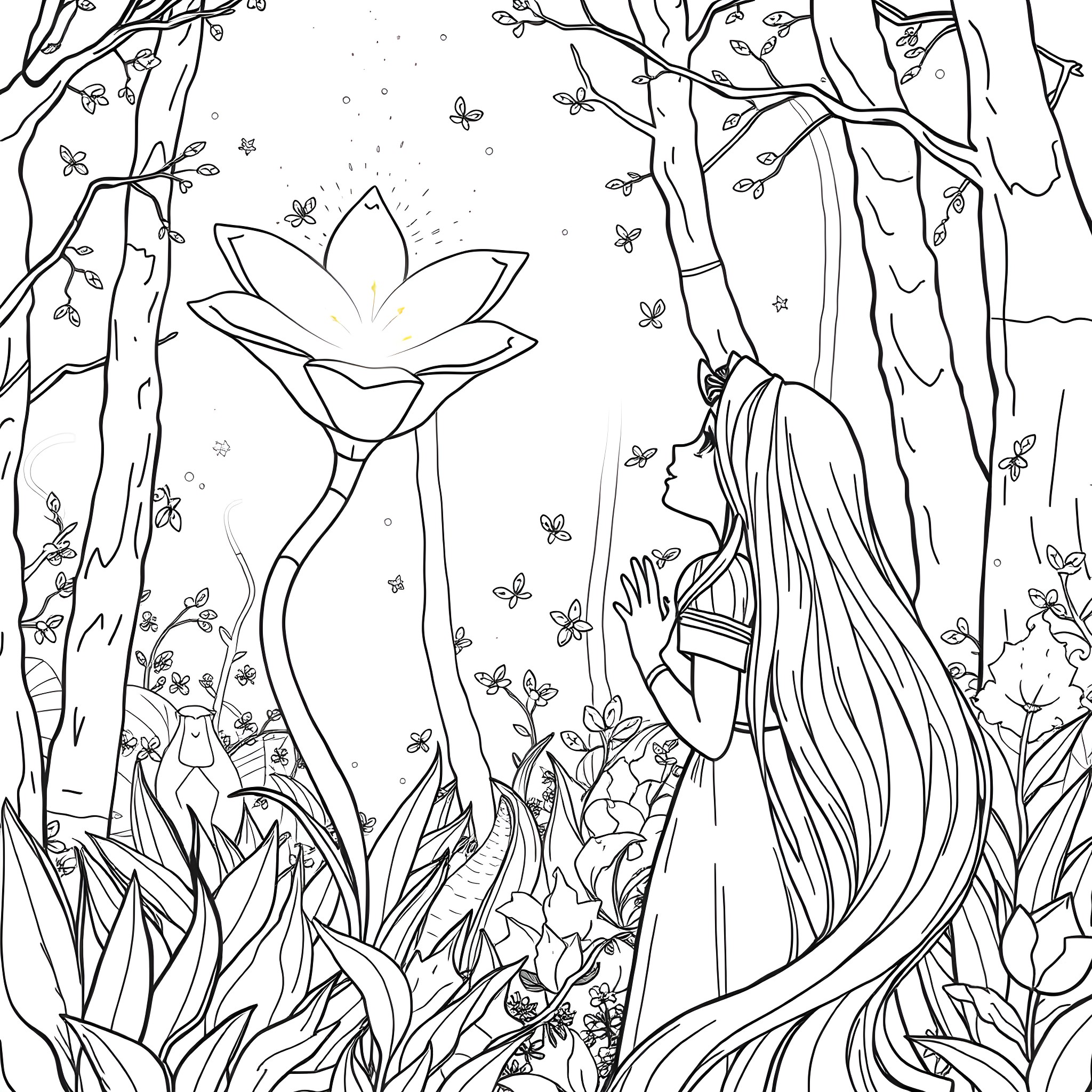 Rapunzel exploring the enchanted forest with magical flora Coloring Page (free black-and-white line drawing printable PDF for all, from beginners to advanced learners, including children, teens, adults, and seniors)