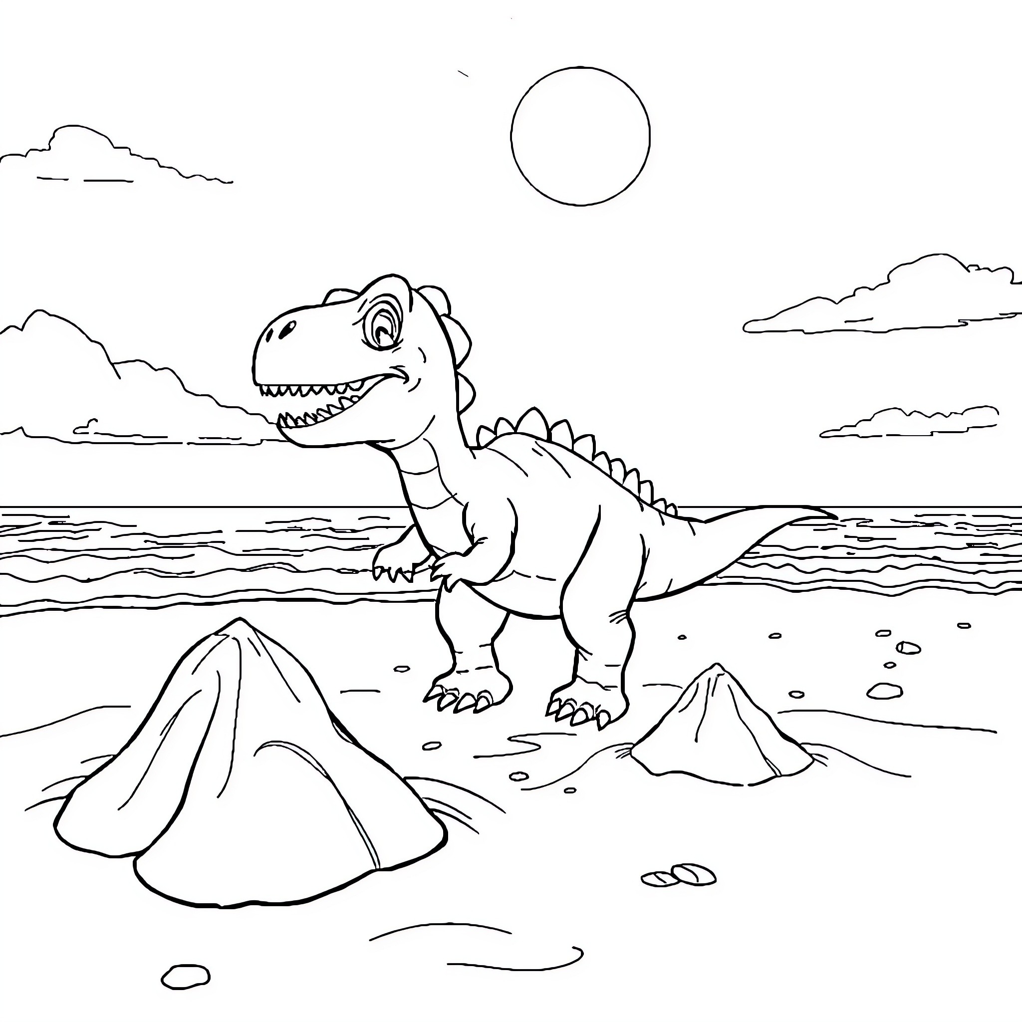 Baby Dinosaur exploring the beach landscape Coloring Page (free black-and-white line drawing printable PDF for all, from beginners to advanced learners, including children, teens, adults, and seniors)
