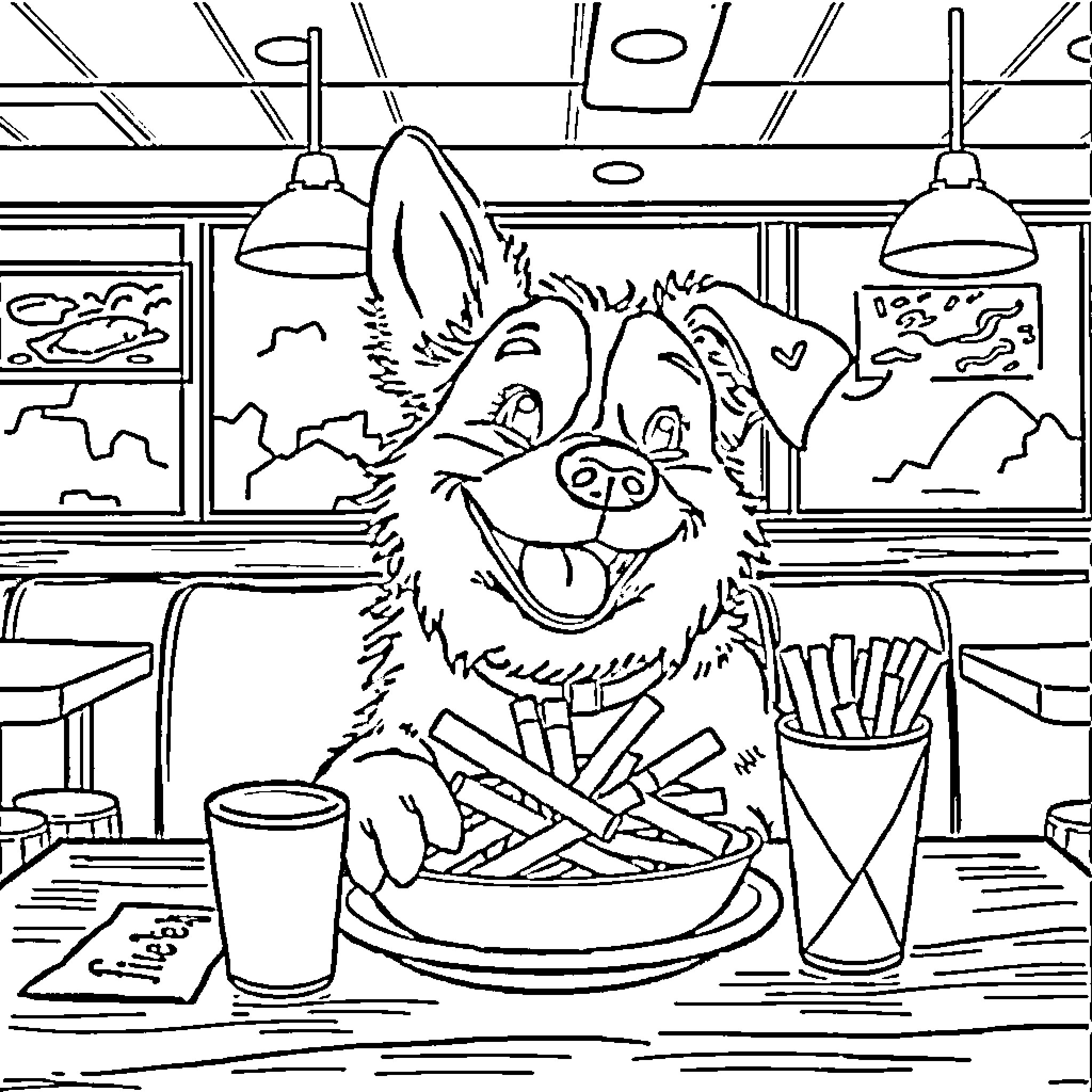 Dog enjoying a meal at the diner Coloring Page (free black-and-white line drawing printable PDF for all, from beginners to advanced learners, including children, teens, adults, and seniors)