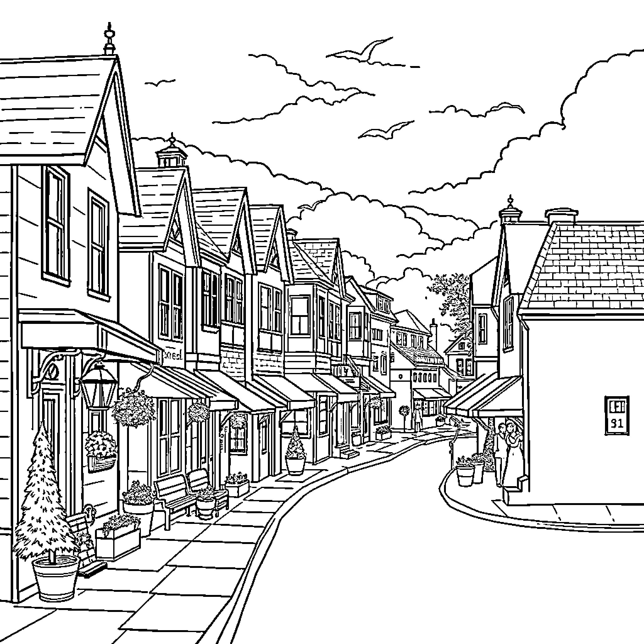 Town with Quaint Shops and Pedestrians on a Cloudy Day Coloring Page (free black-and-white line drawing printable PDF for all, from beginners to advanced learners, including children, teens, adults, and seniors)