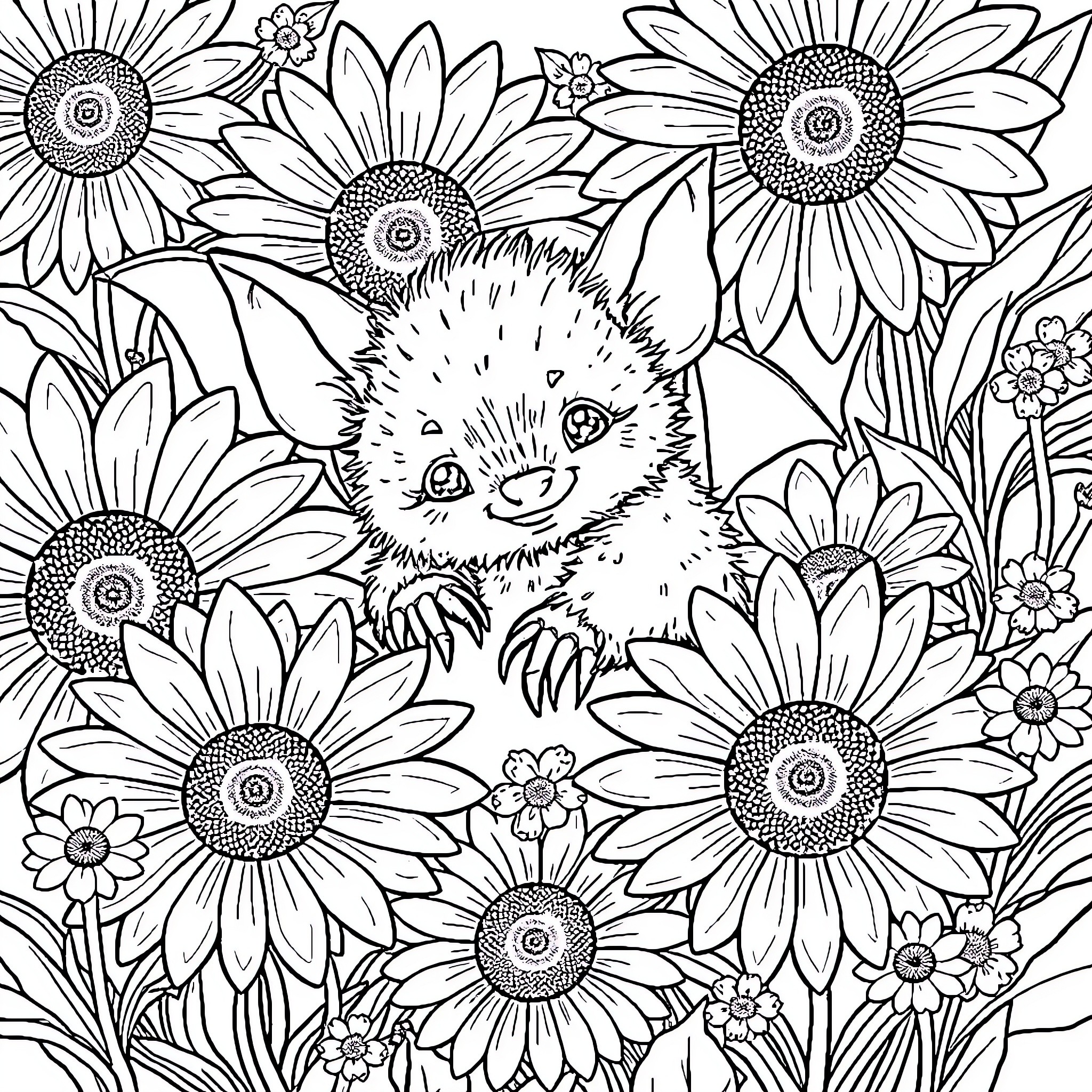 Bat among colorful sunflowers and flowers Coloring Page (free black-and-white line drawing printable PDF for all, from beginners to advanced learners, including children, teens, adults, and seniors)